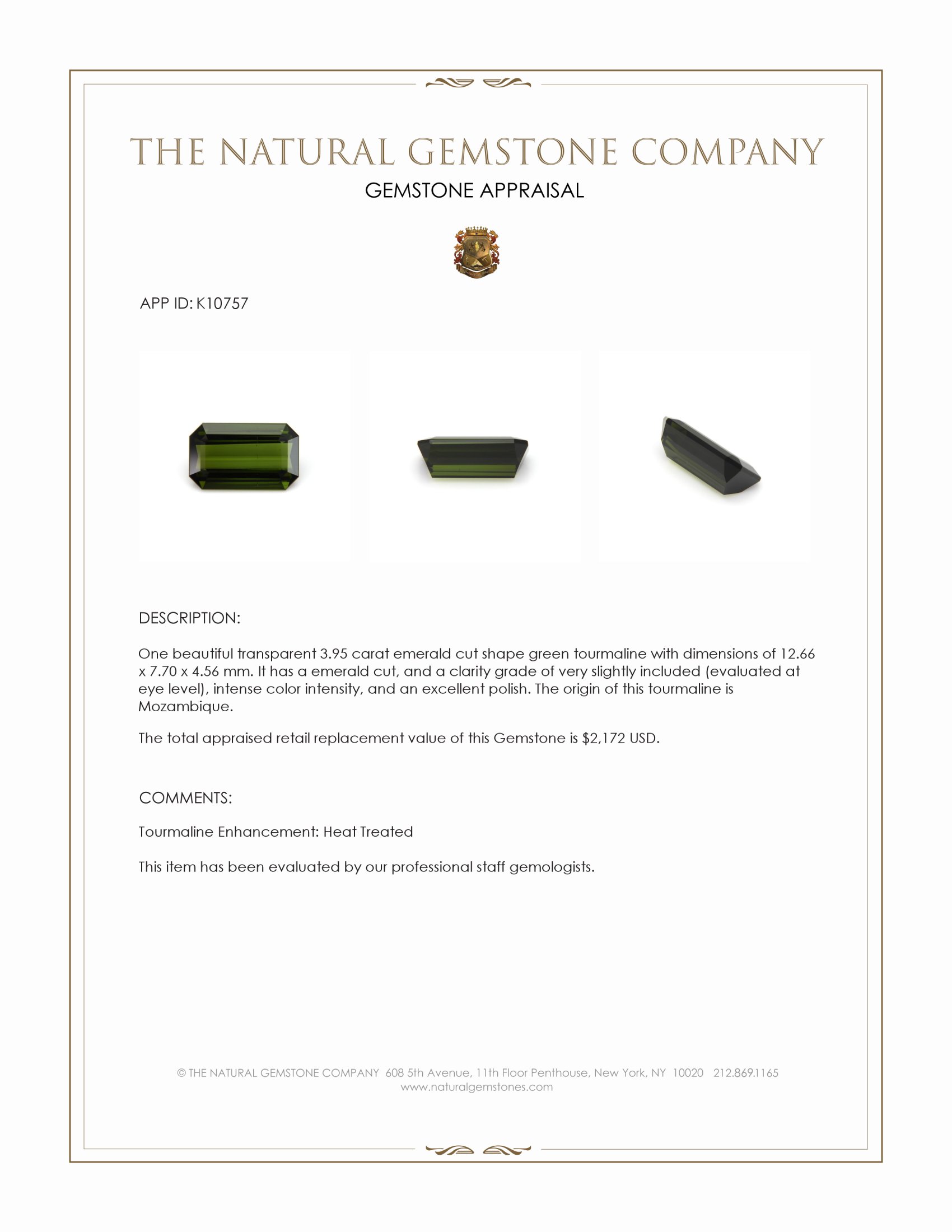 3.95 Ct. Green Tourmaline from Mozambique