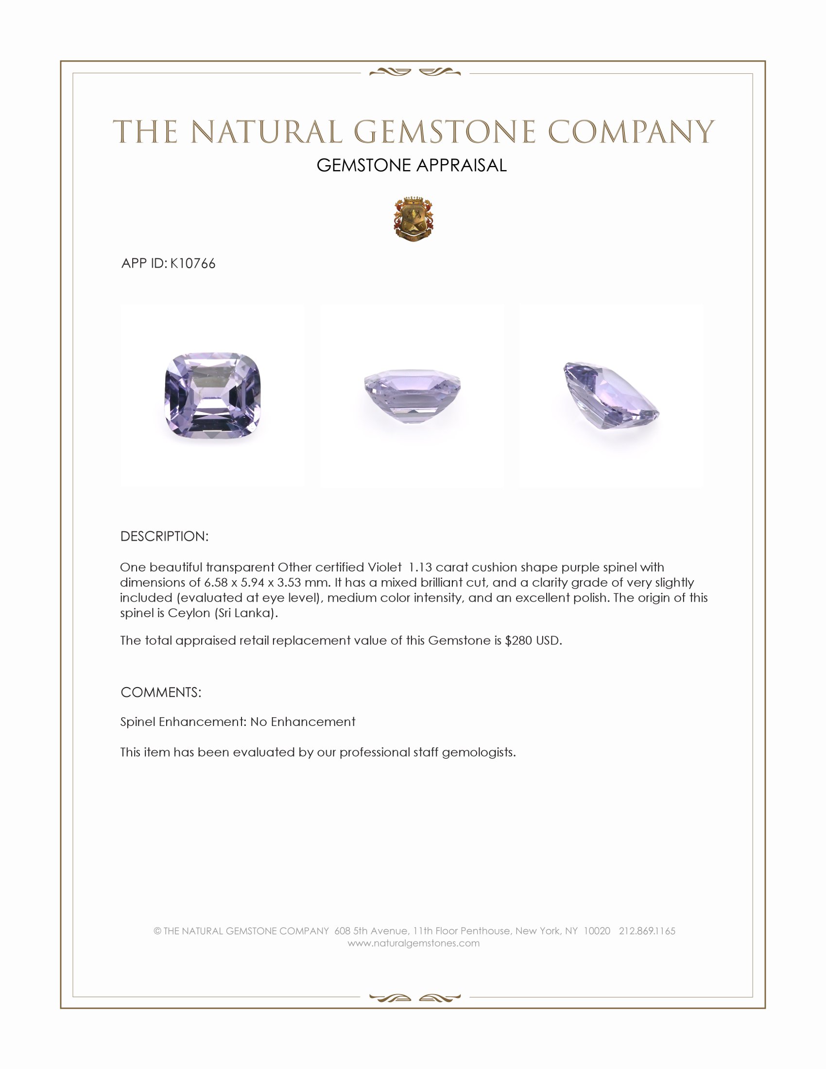 1.13 Ct. Purple Spinel from Ceylon (Sri Lanka)