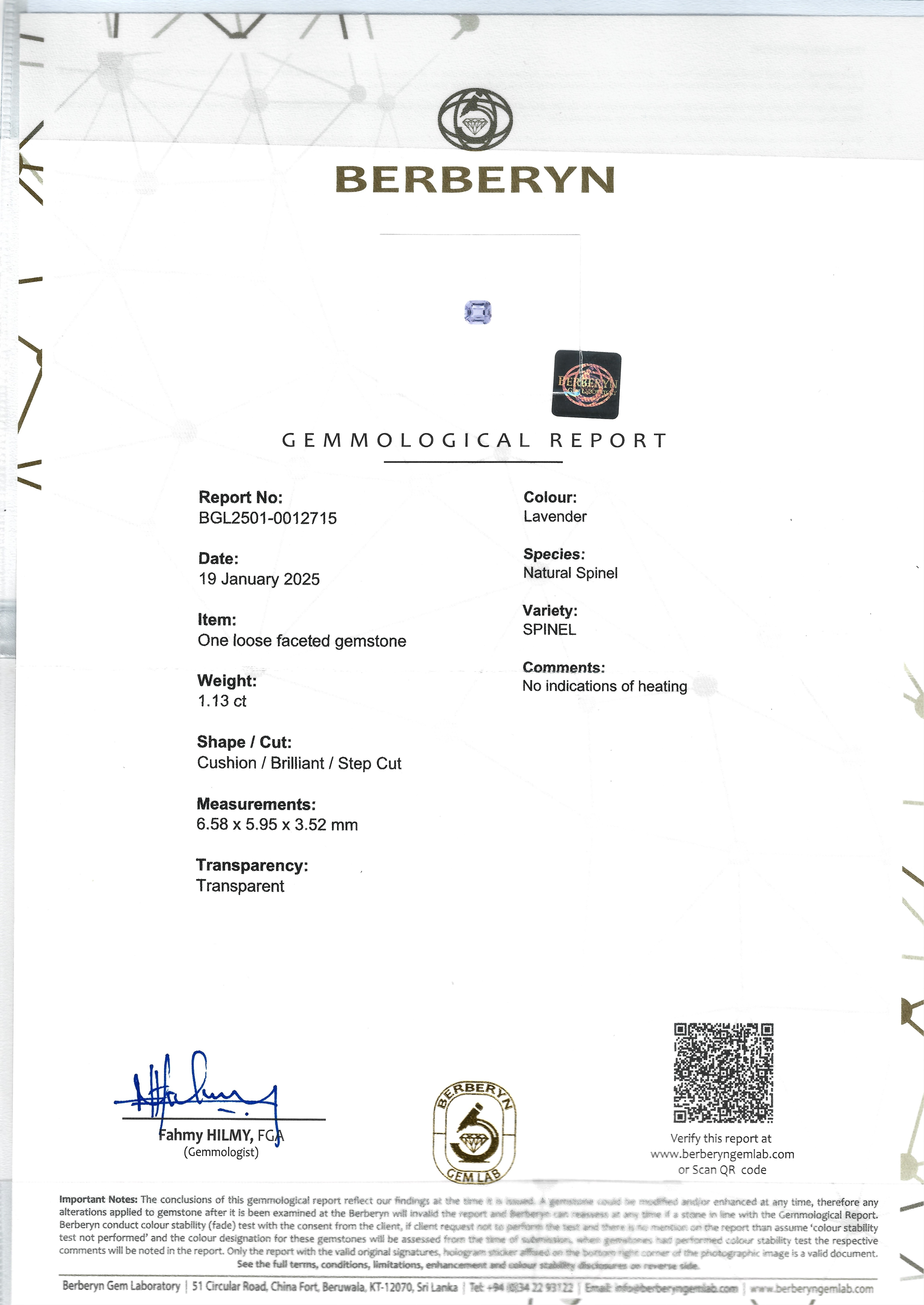 1.13 Ct. Spinel from Ceylon (Sri Lanka)