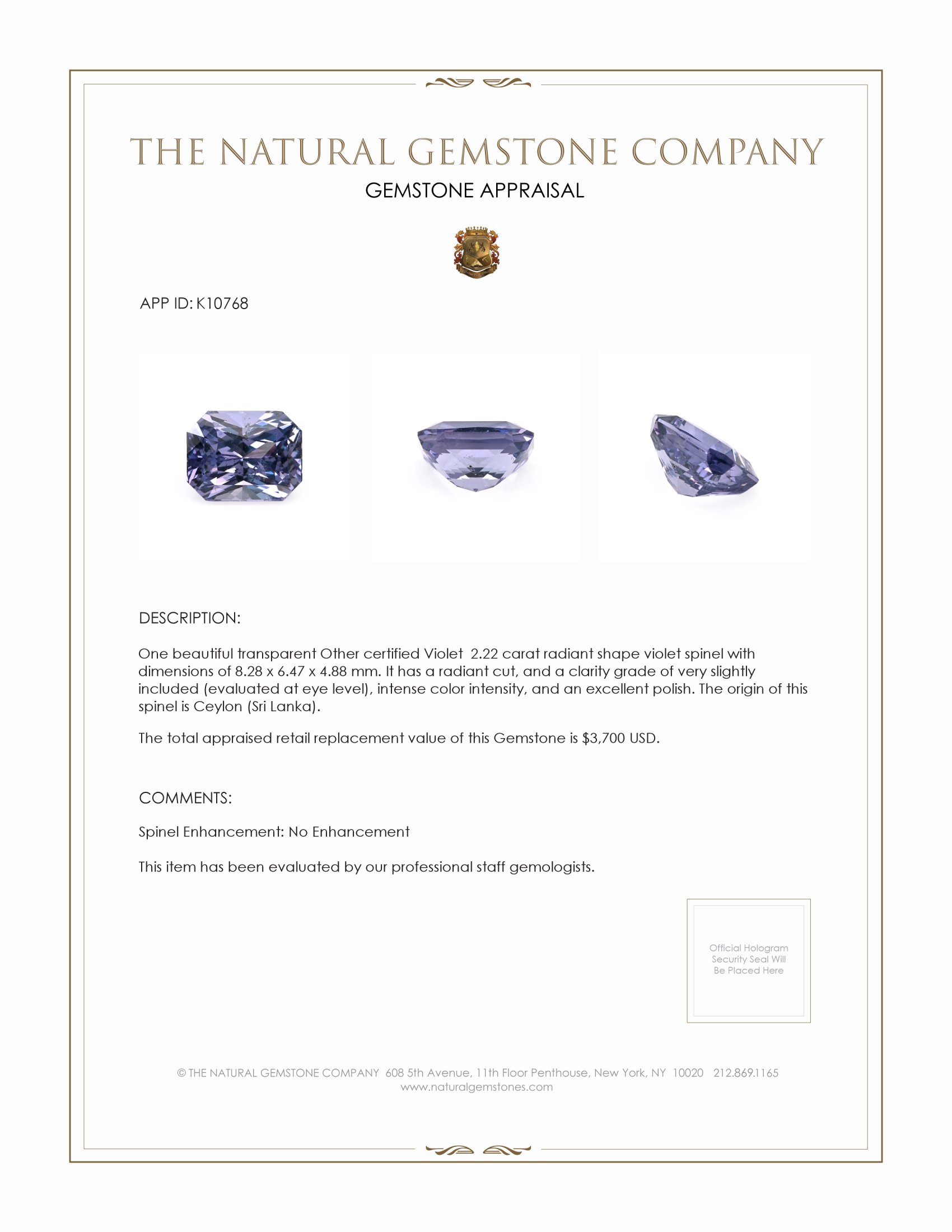 2.22 Ct. Violet Spinel from Ceylon (Sri Lanka)