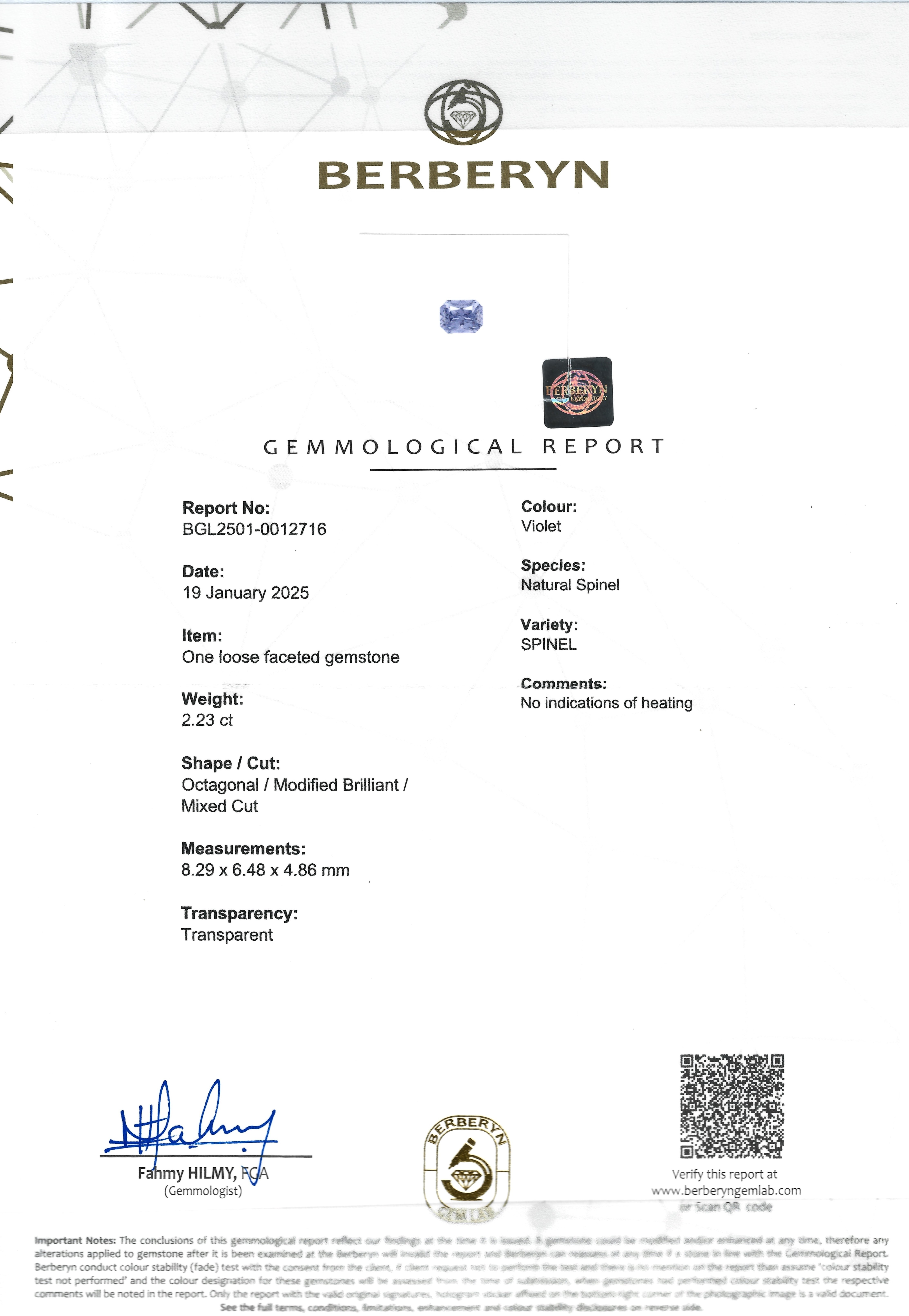 2.22 Ct. Spinel from Ceylon (Sri Lanka)