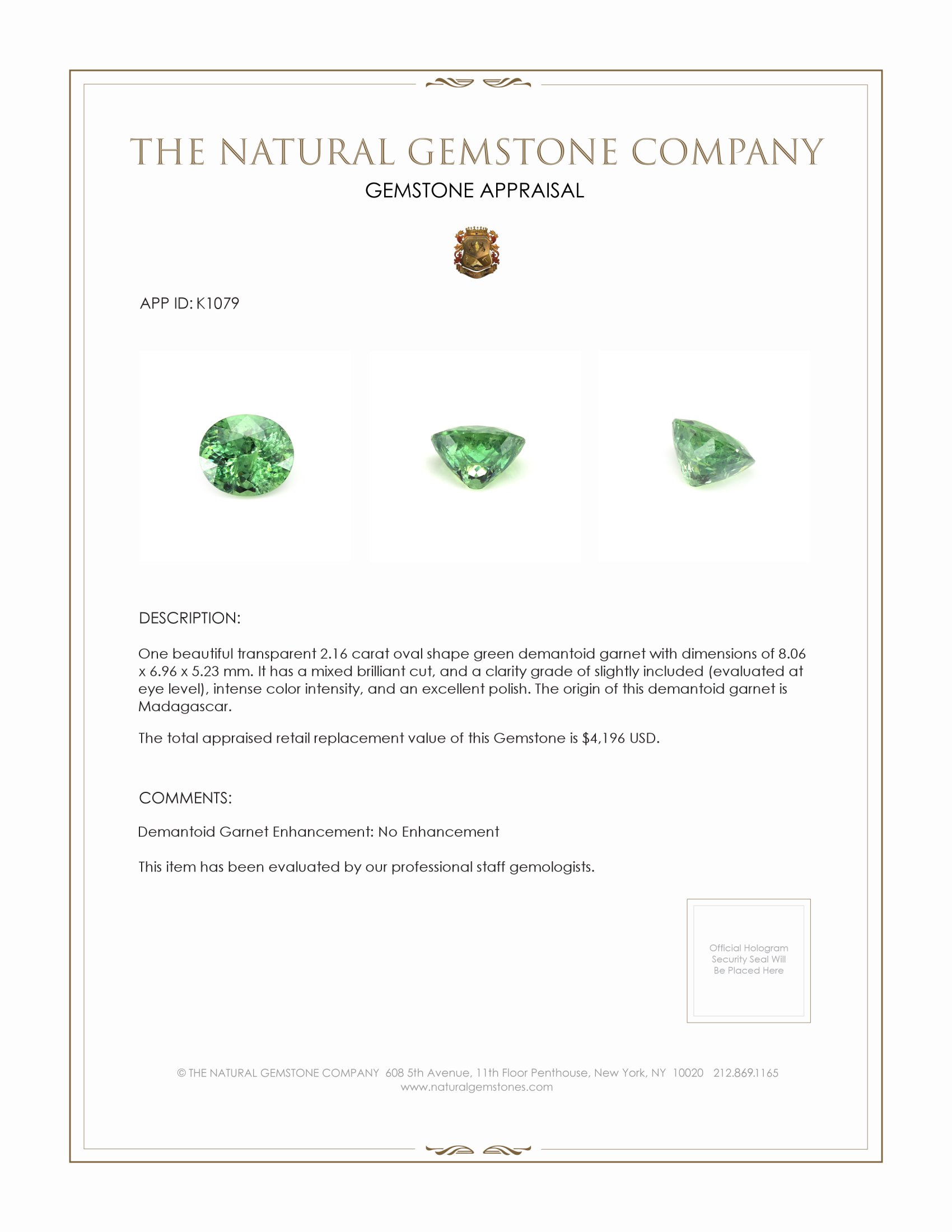 2.16 Ct. Demantoid Garnet from Madagascar