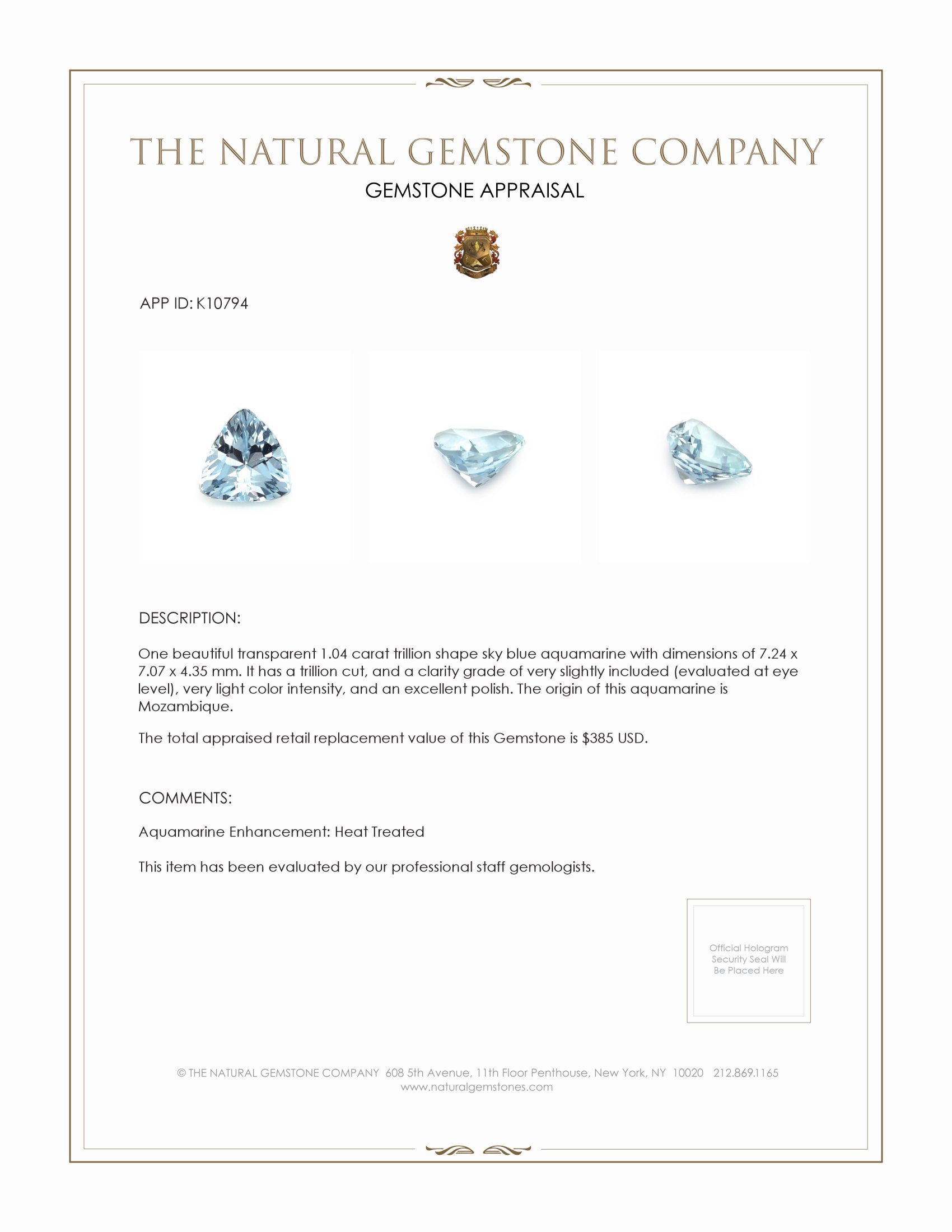 1.04 Ct. Blue Aquamarine from Mozambique