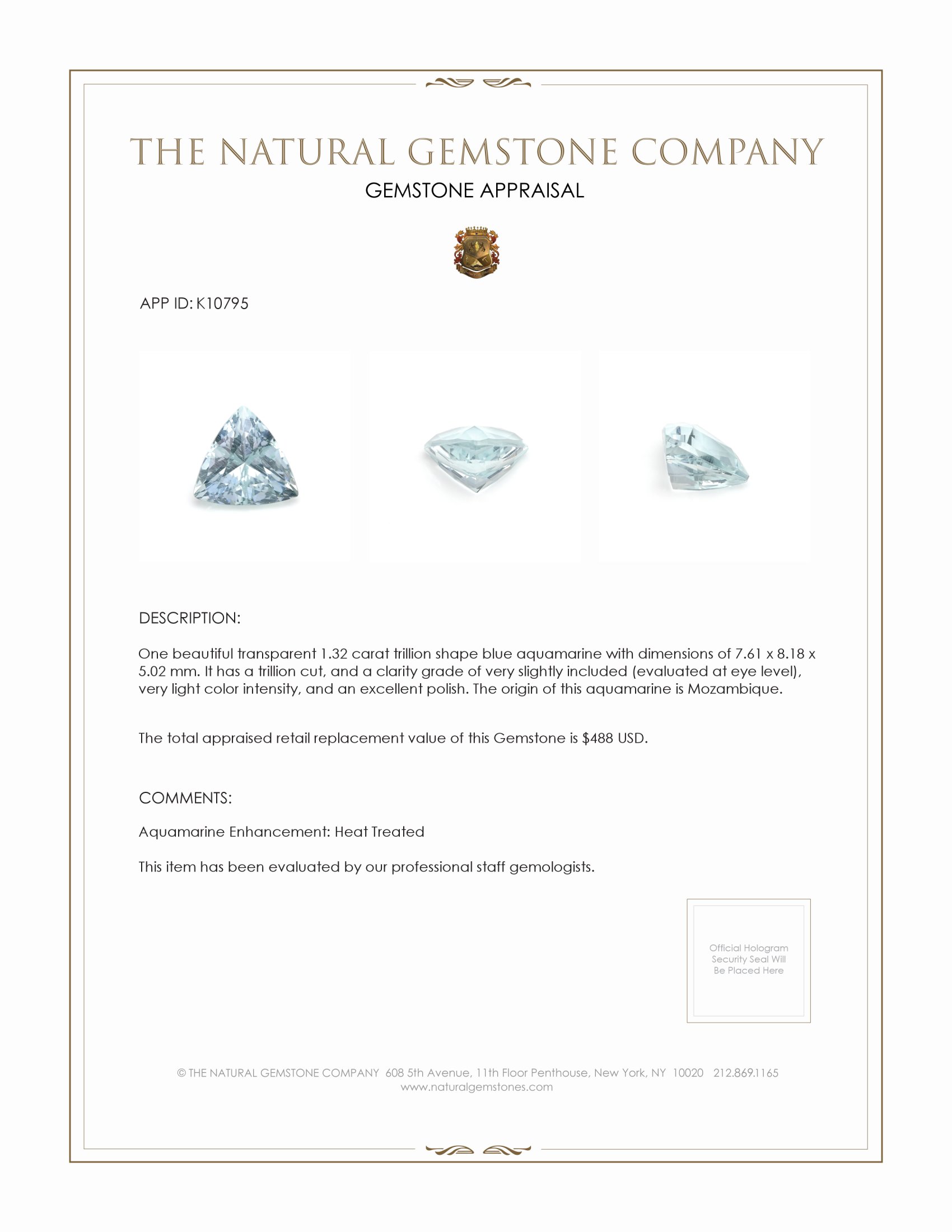 1.32 Ct. Blue Aquamarine from Mozambique