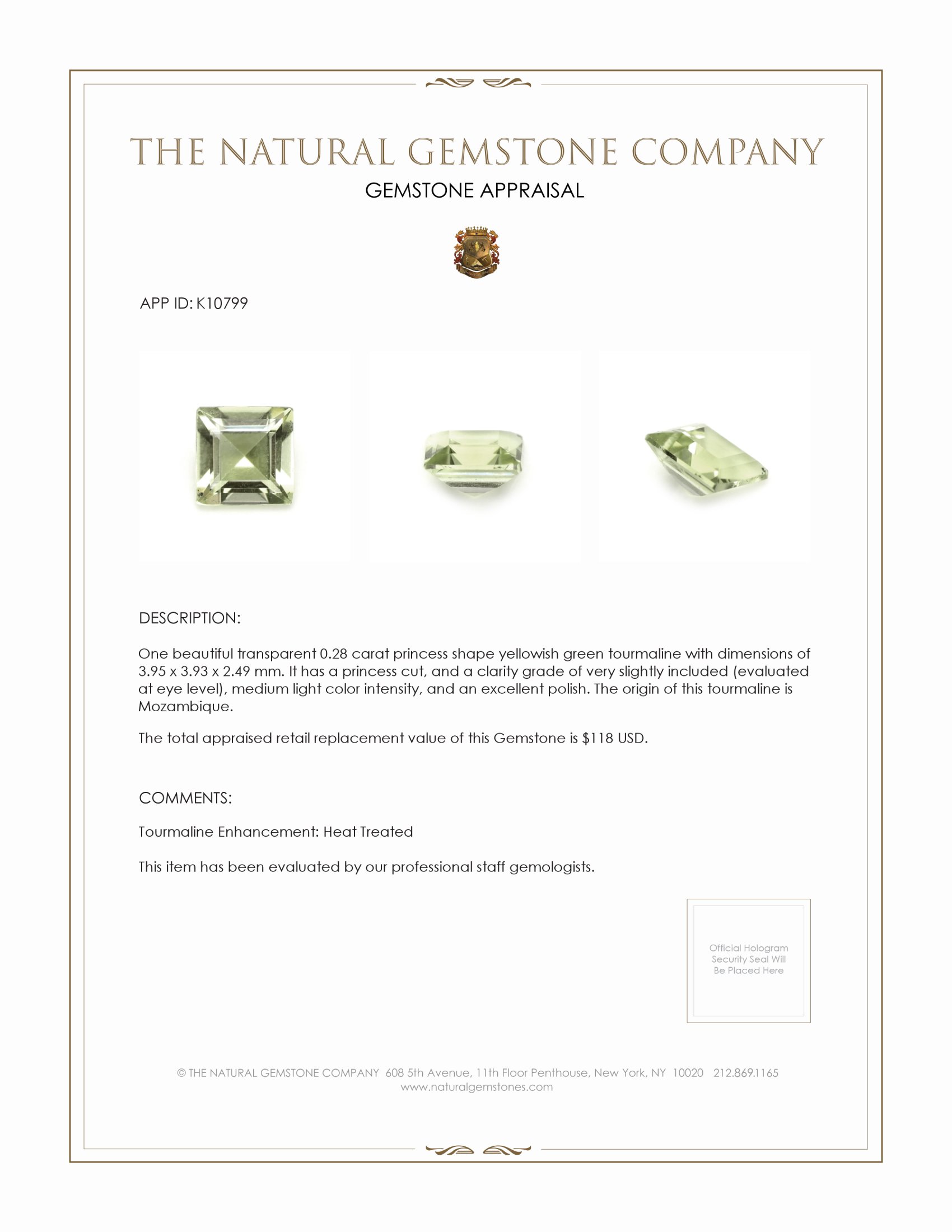 0.28 Ct. Yellowish Green Tourmaline from Mozambique