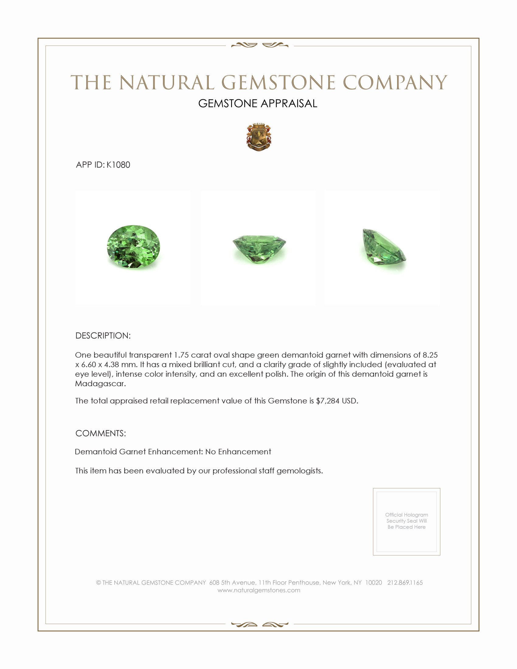1.75 Ct. Demantoid Garnet from Madagascar