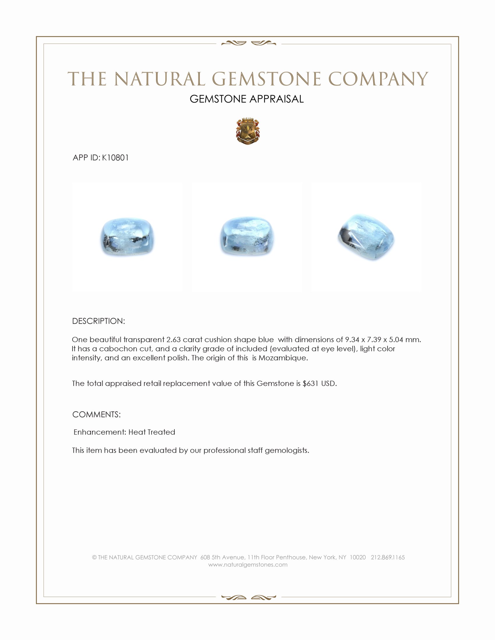 2.63 Ct. Blue Cabochon Aquamarine from Mozambique