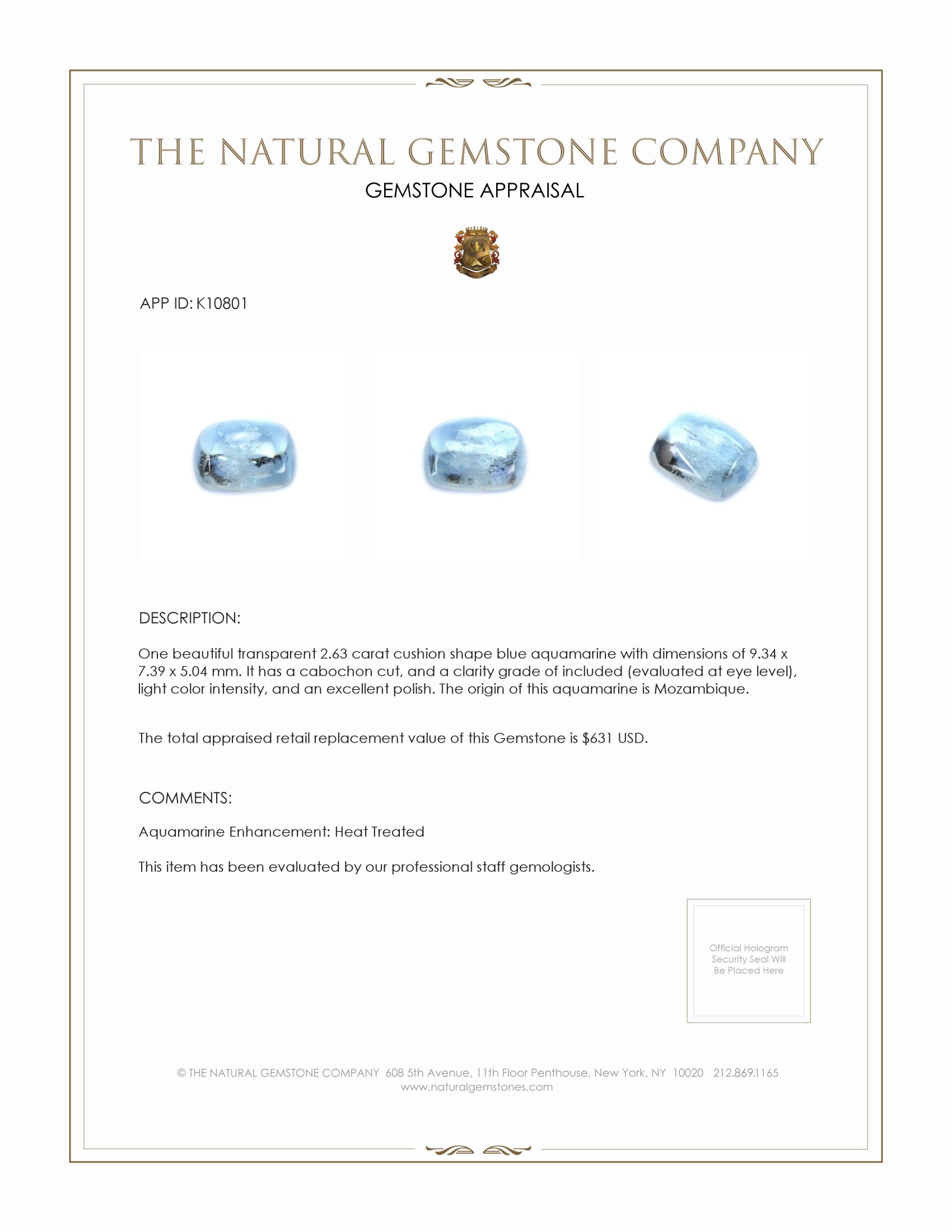 2.63 Ct. Cabochon Aquamarine from Mozambique