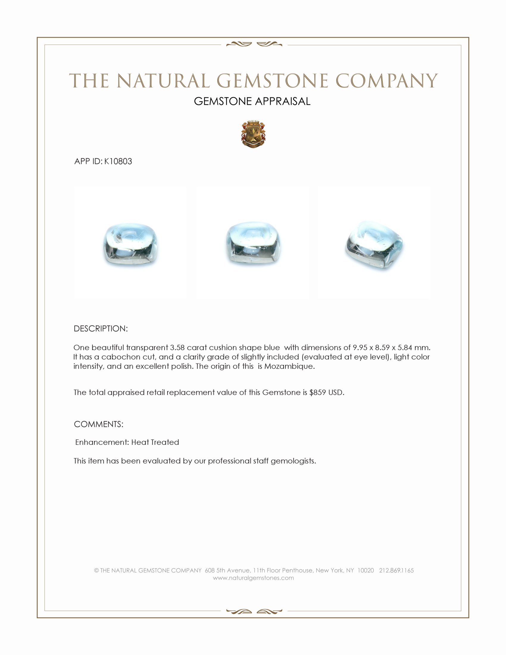 3.58 Ct. Blue Cabochon Aquamarine from Mozambique