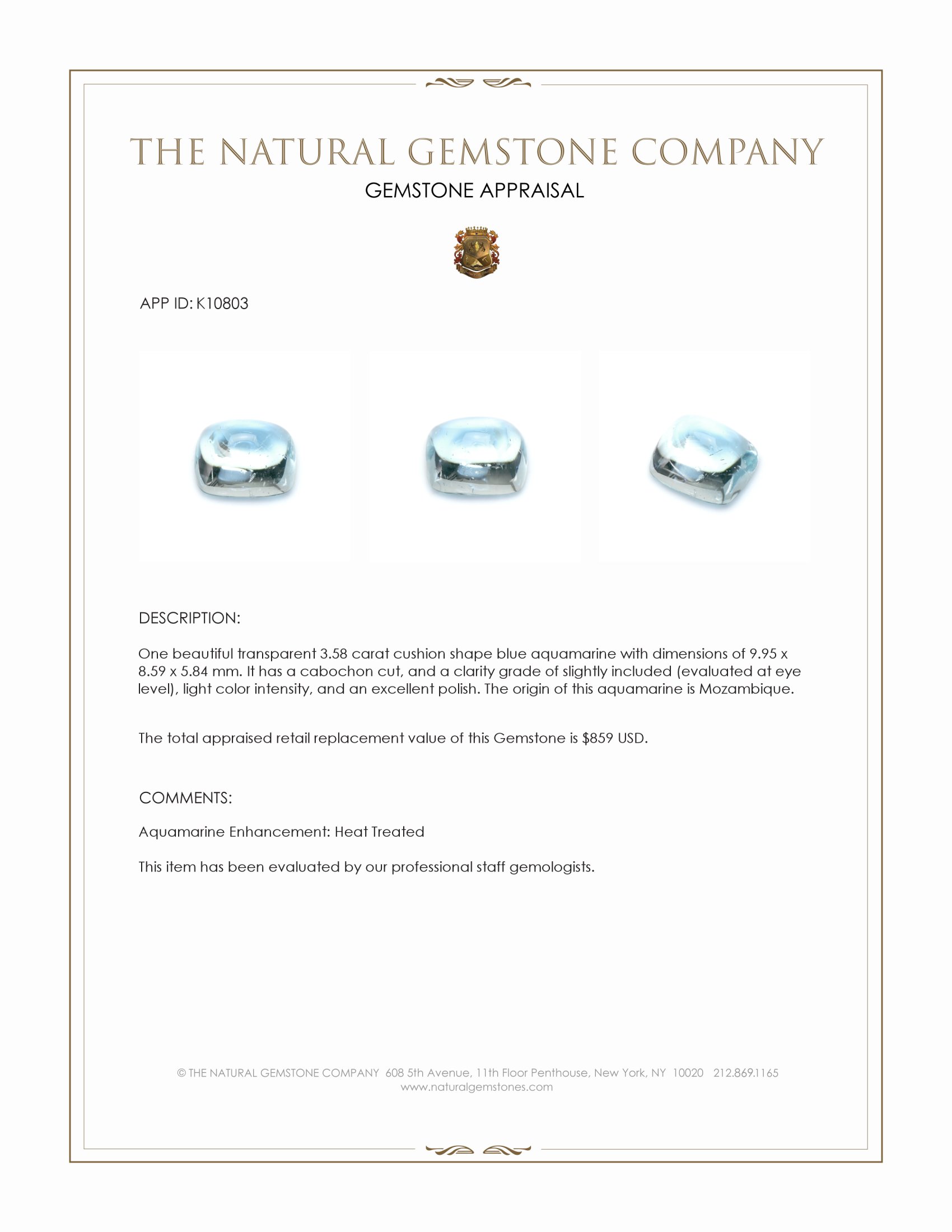 3.58 Ct. Blue Cabochon Aquamarine from Mozambique