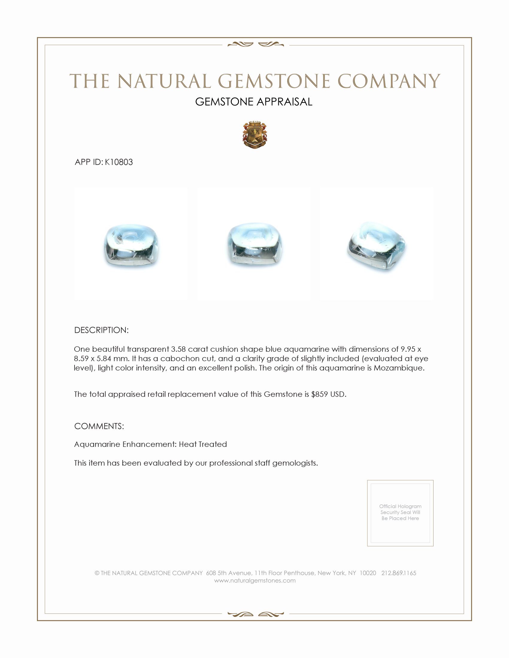 3.58 Ct. Cabochon Aquamarine from Mozambique