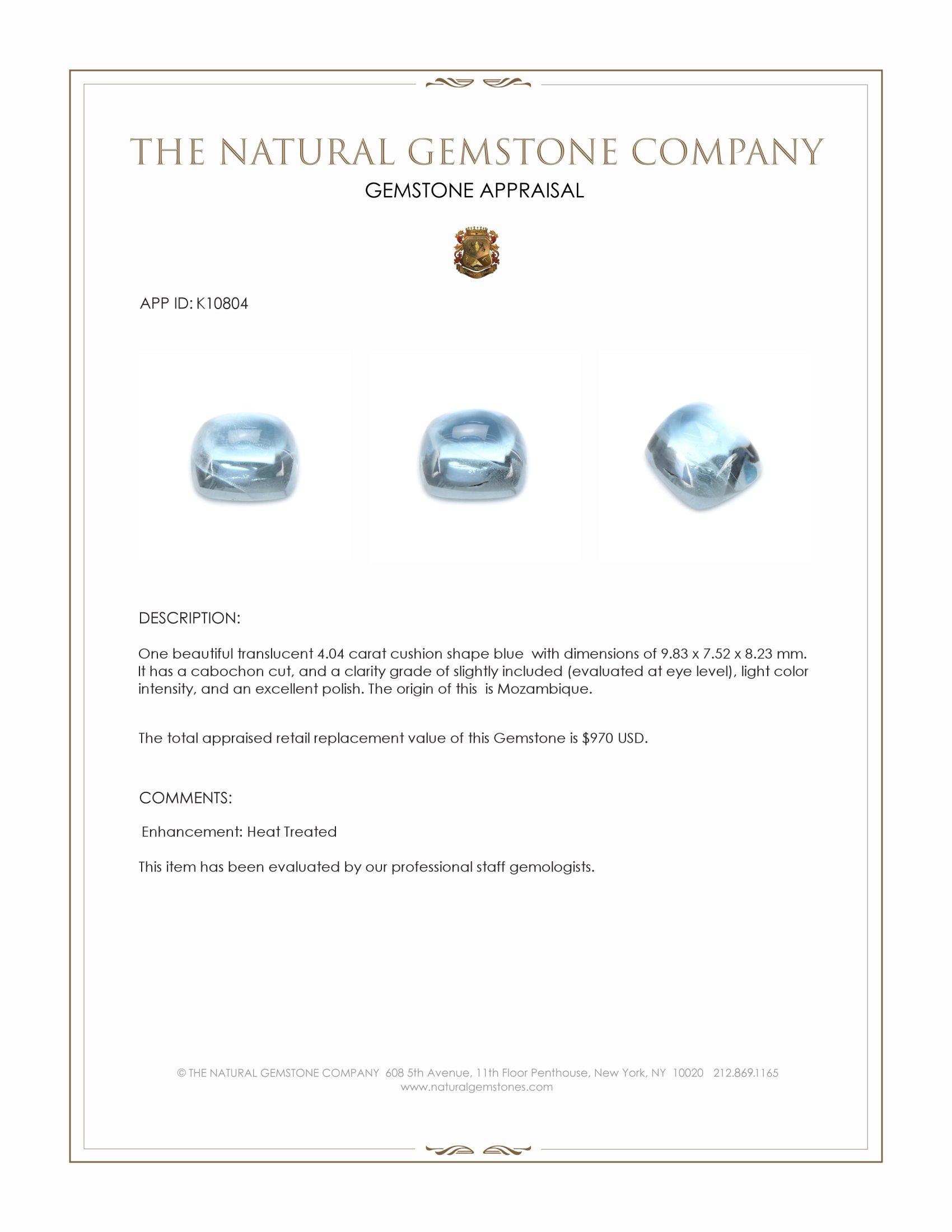 4.04 Ct. Blue Cabochon Aquamarine from Mozambique