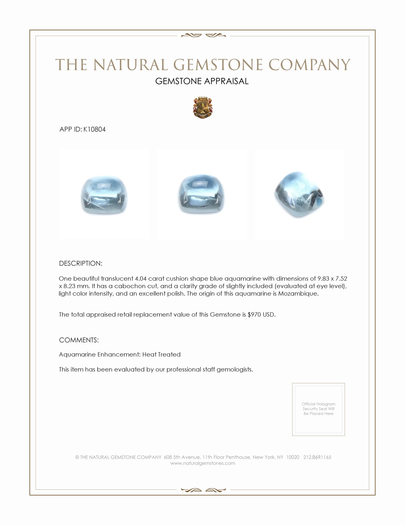 4.04 Ct. Cabochon Aquamarine from Mozambique