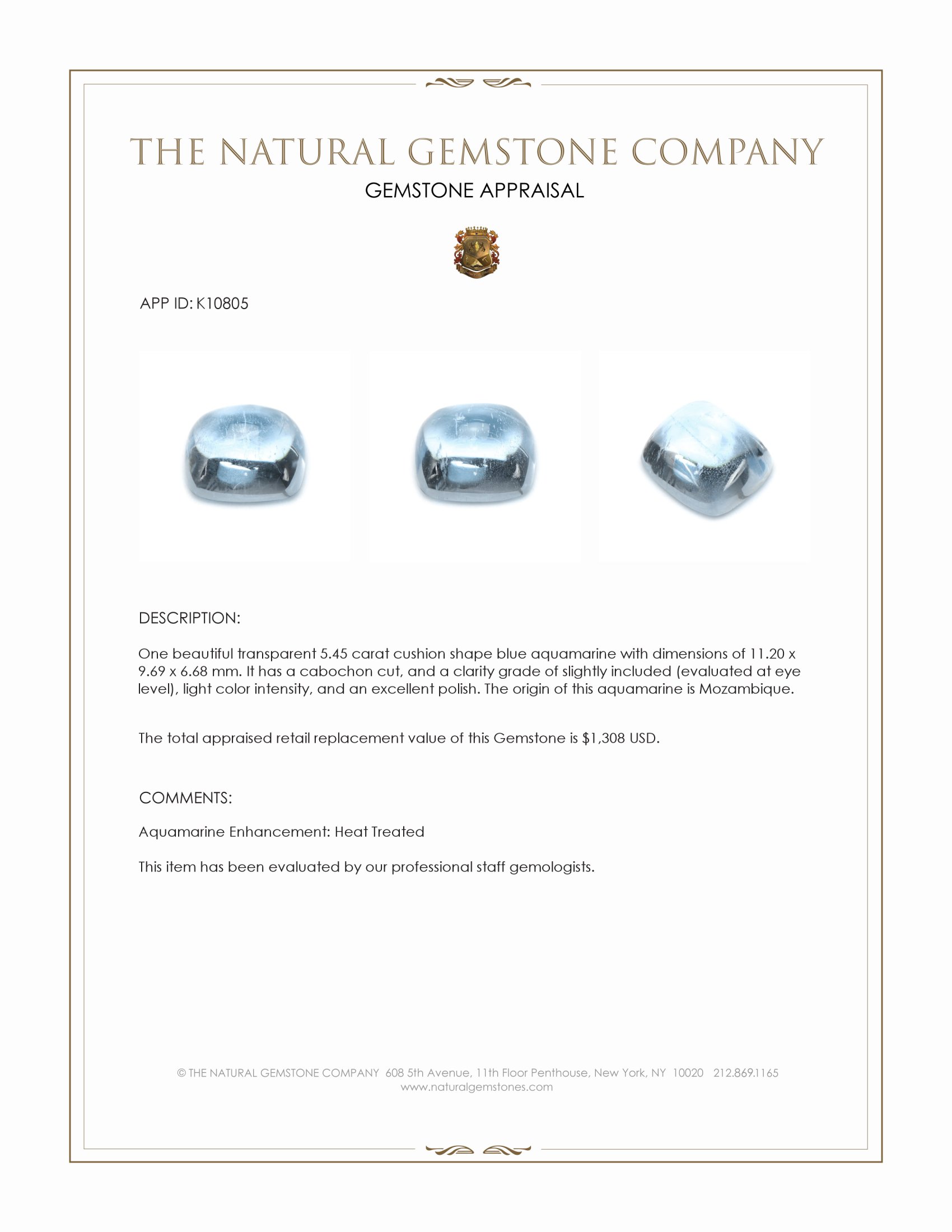 5.45 Ct. Blue Cabochon Aquamarine from Mozambique