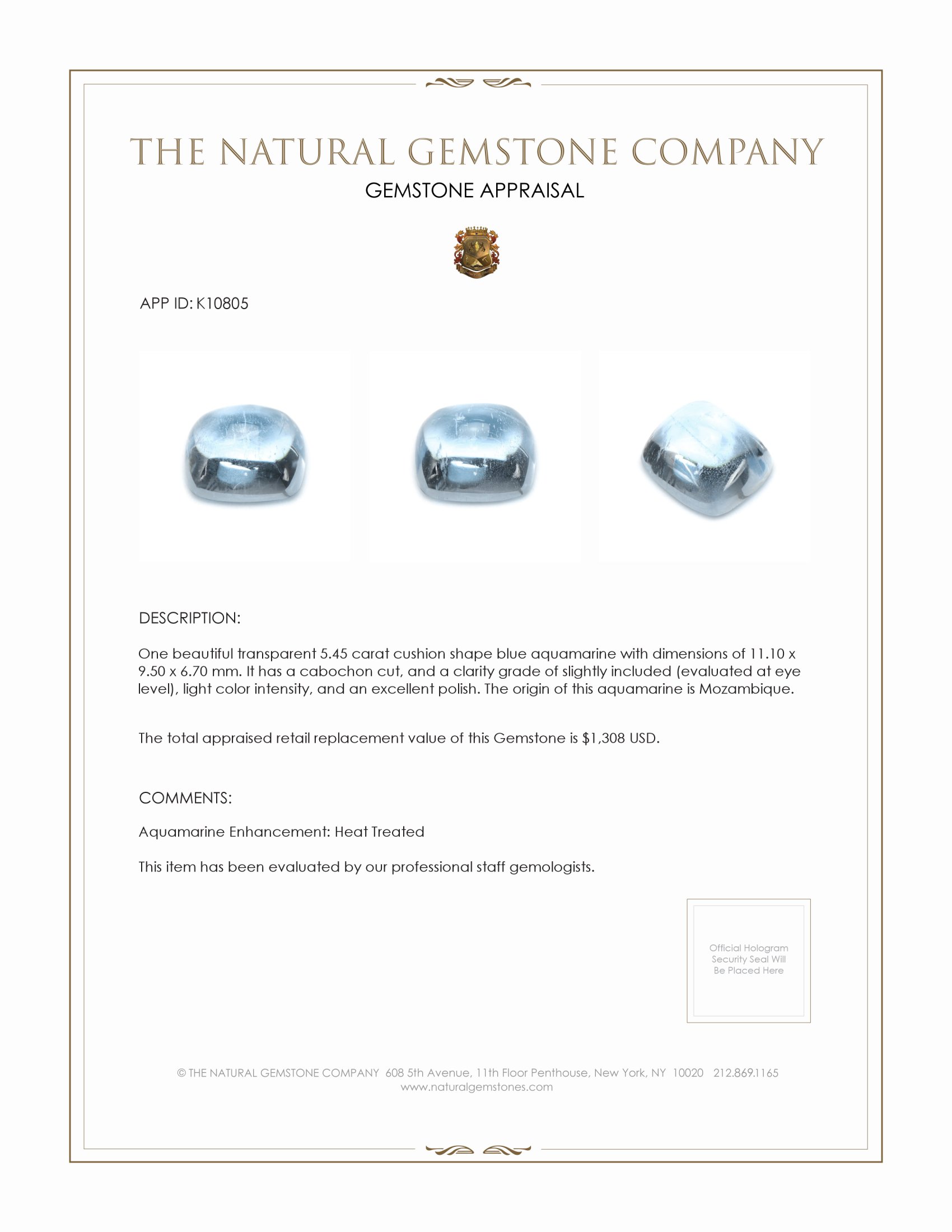 5.45 Ct. Cabochon Aquamarine from Mozambique