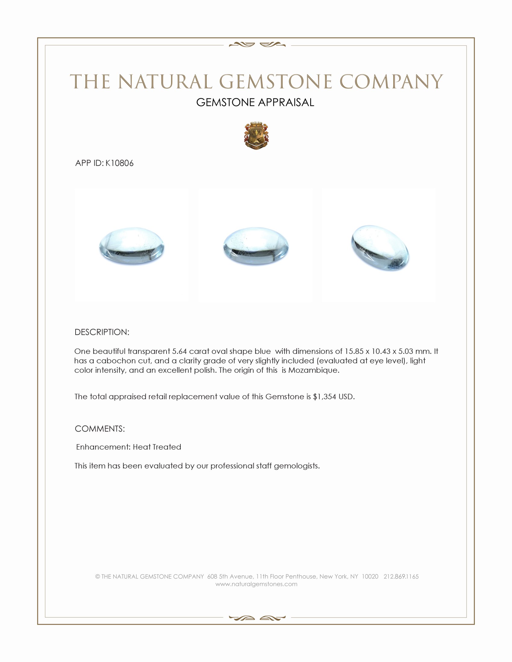 5.64 Ct. Blue Cabochon Aquamarine from Mozambique