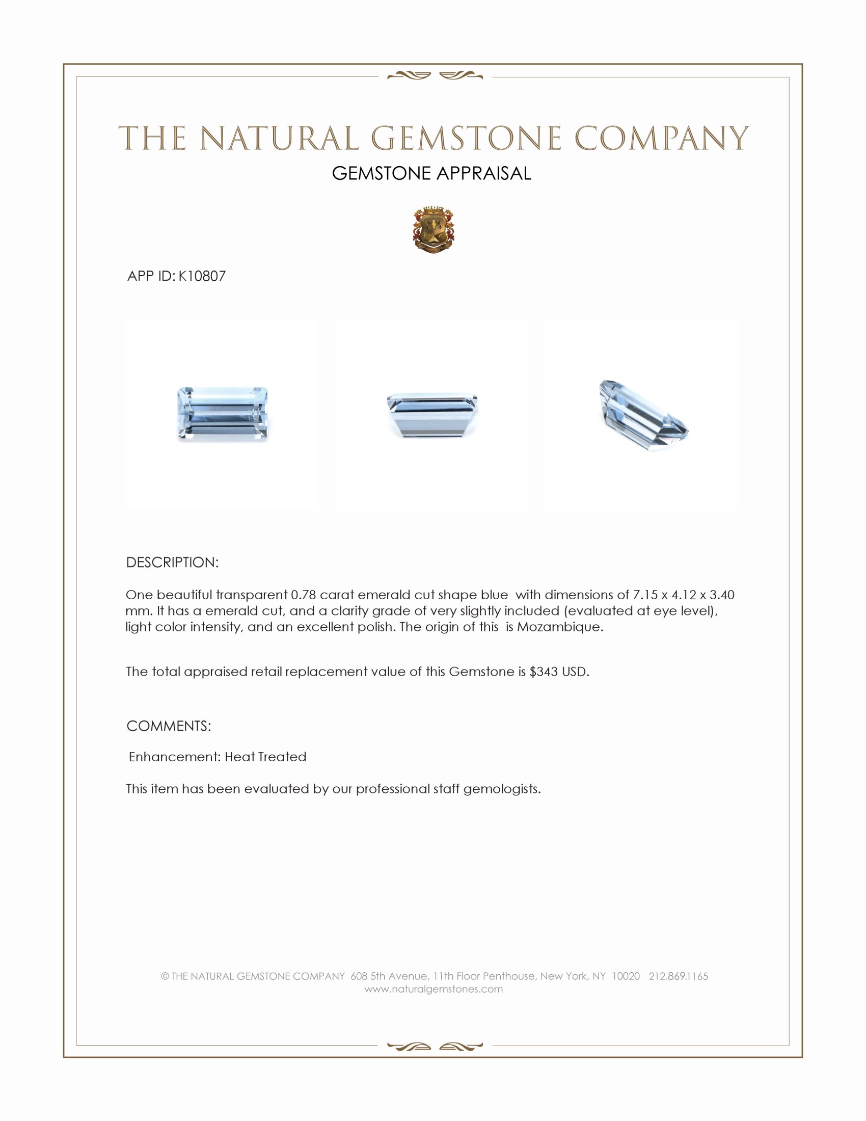 0.78 Ct. Blue Aquamarine from Mozambique