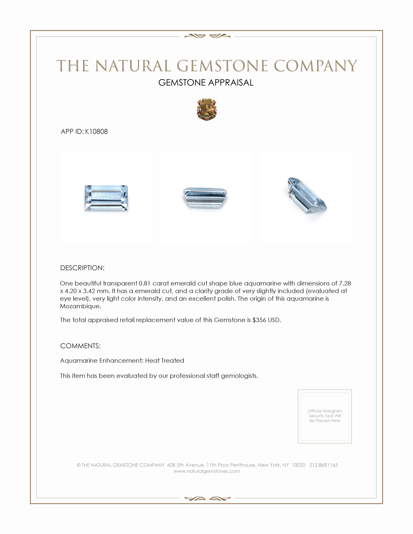 0.81 Ct. Blue Aquamarine from Mozambique