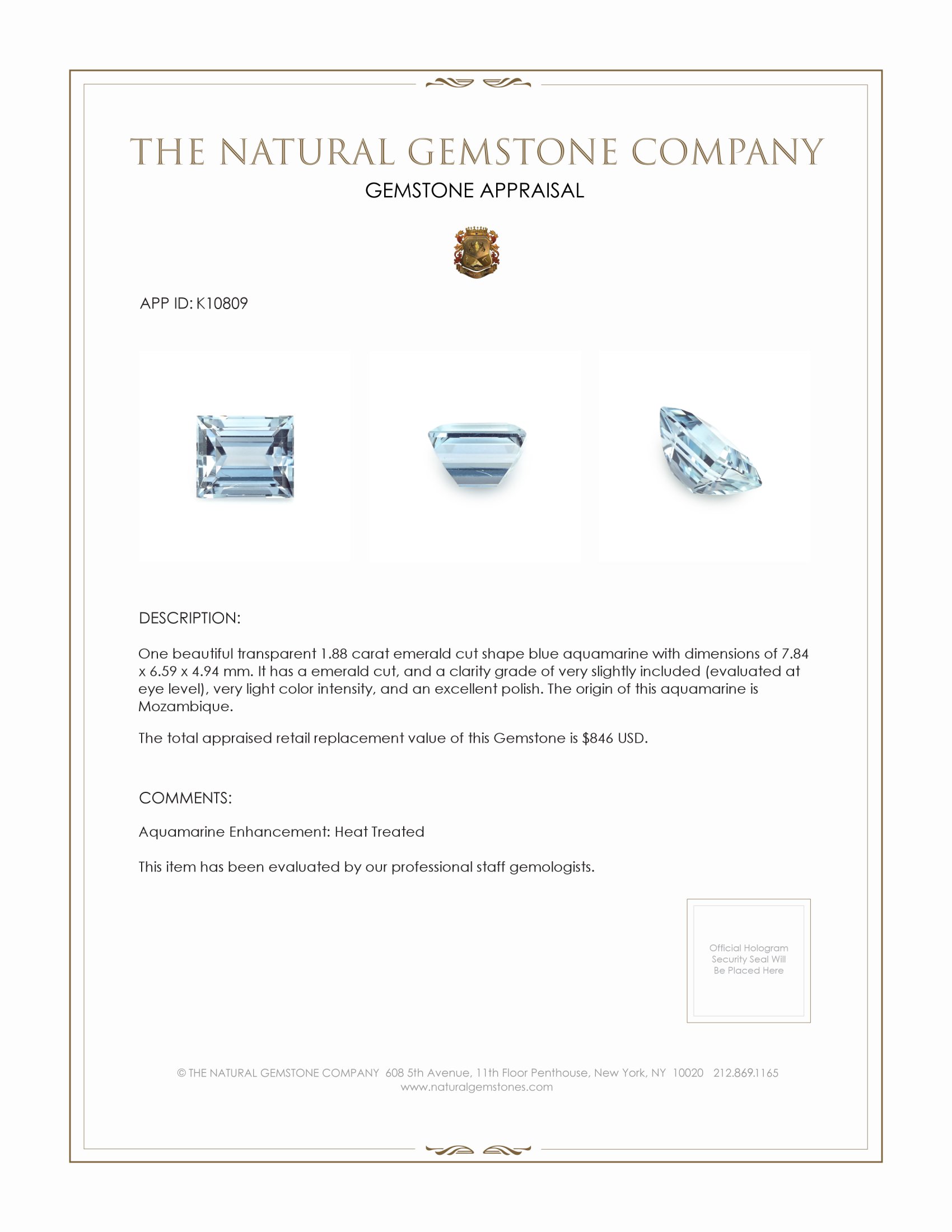 1.88 Ct. Blue Aquamarine from Mozambique