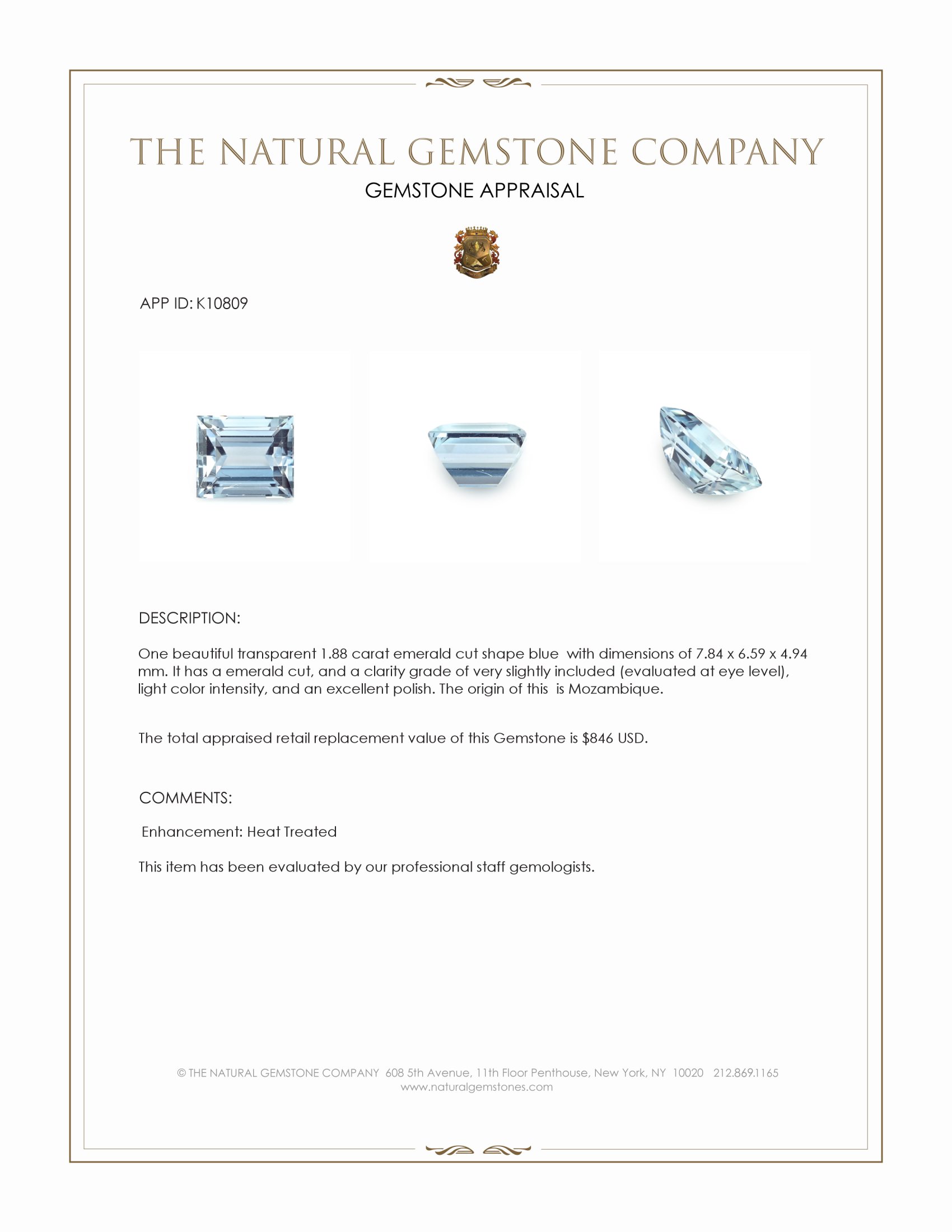 1.88 Ct. Blue Aquamarine from Mozambique