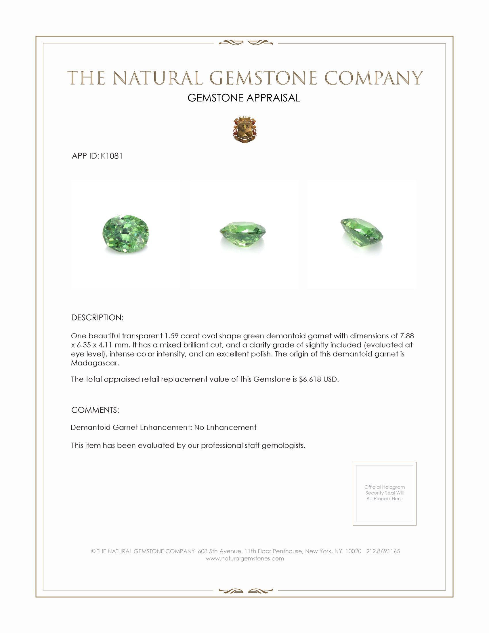 1.59 Ct. Demantoid Garnet from Madagascar