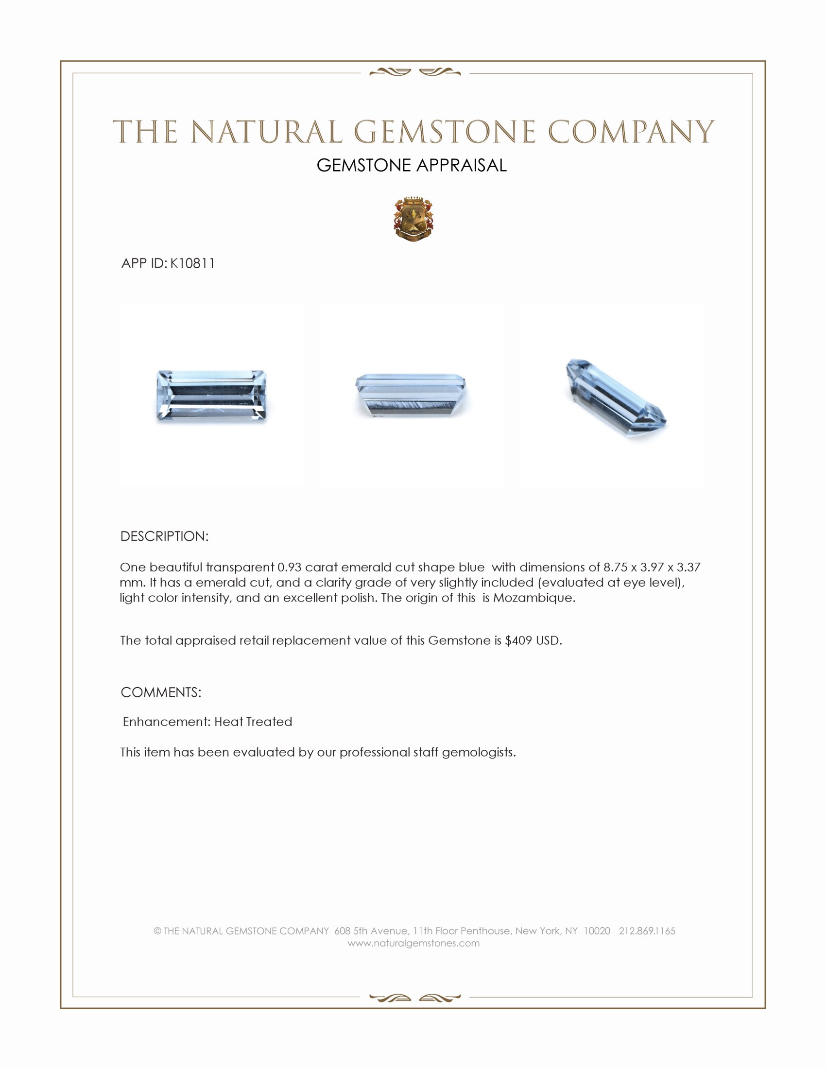 0.93 Ct. Blue Aquamarine from Mozambique