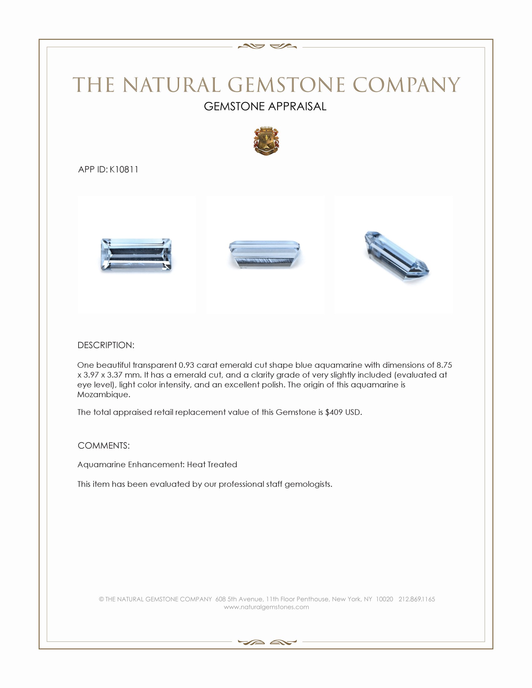 0.93 Ct. Aquamarine from Mozambique