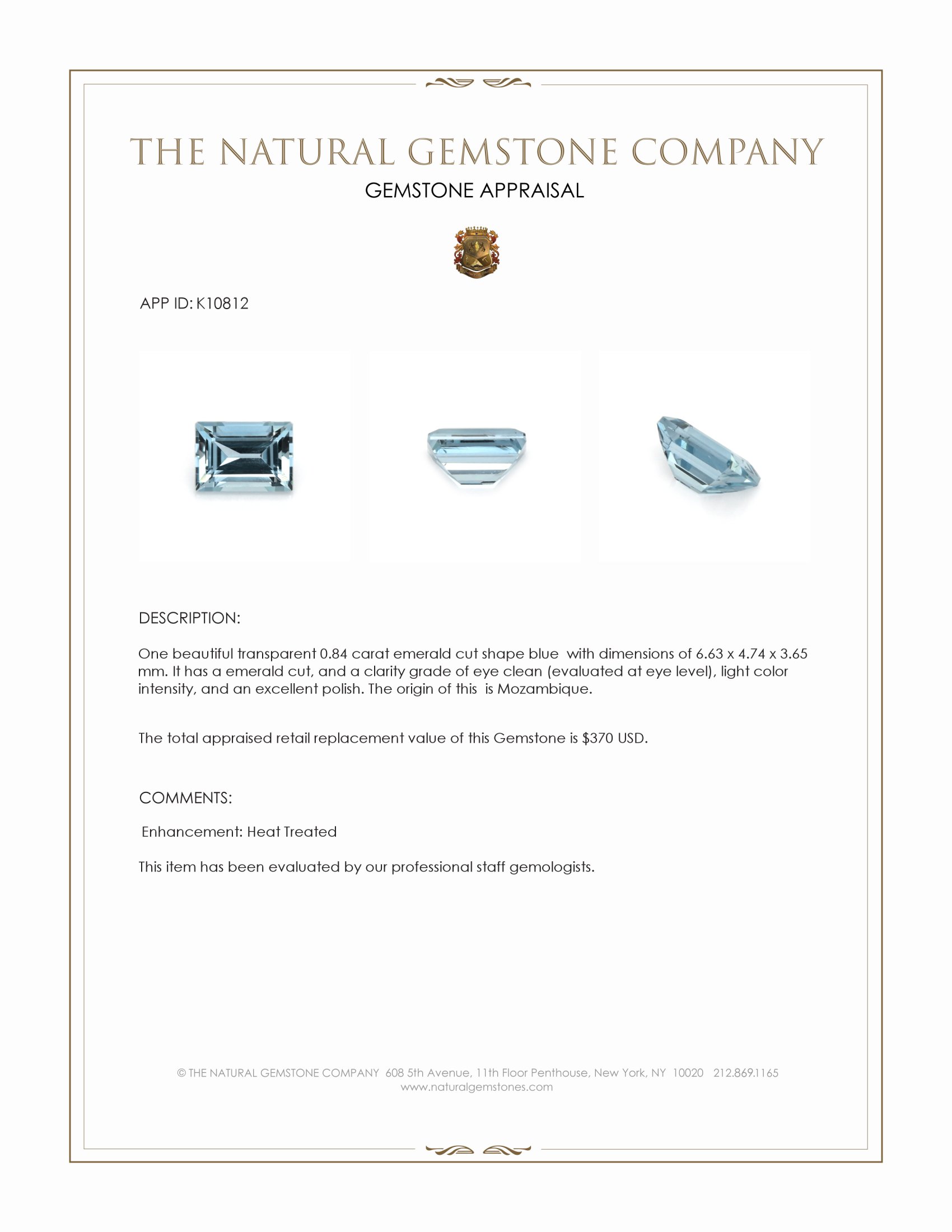 0.84 Ct. Blue Aquamarine from Mozambique