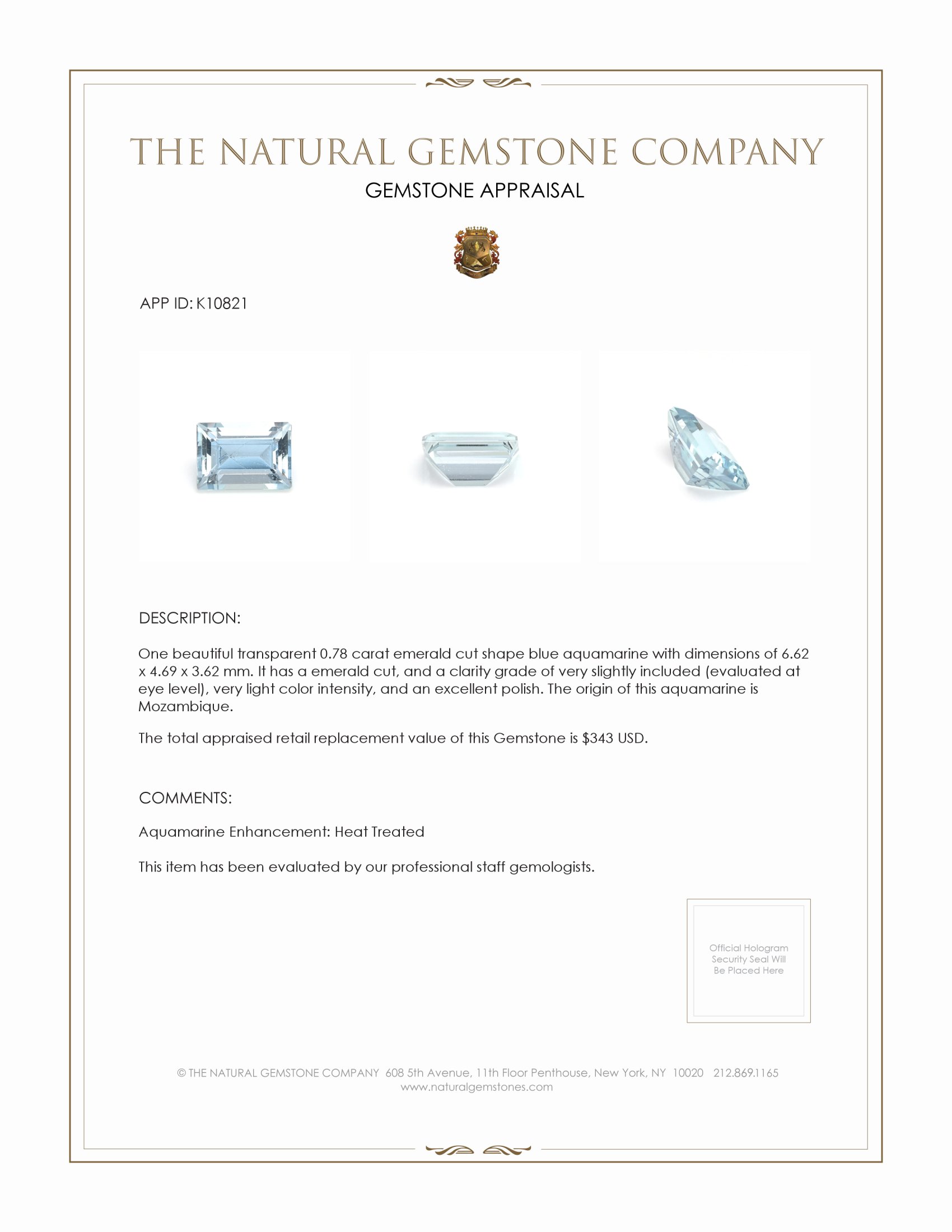 0.78 Ct. Aquamarine from Mozambique