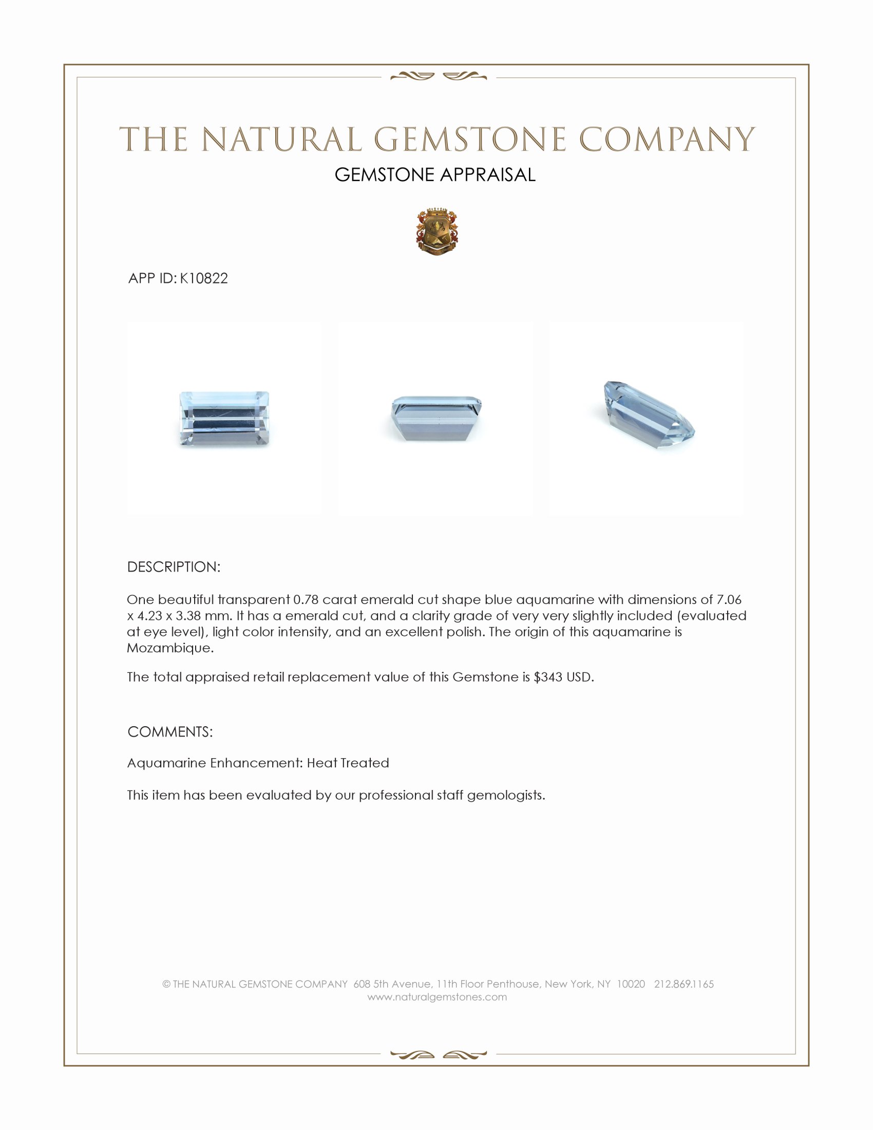 0.78 Ct. Blue Aquamarine from Mozambique