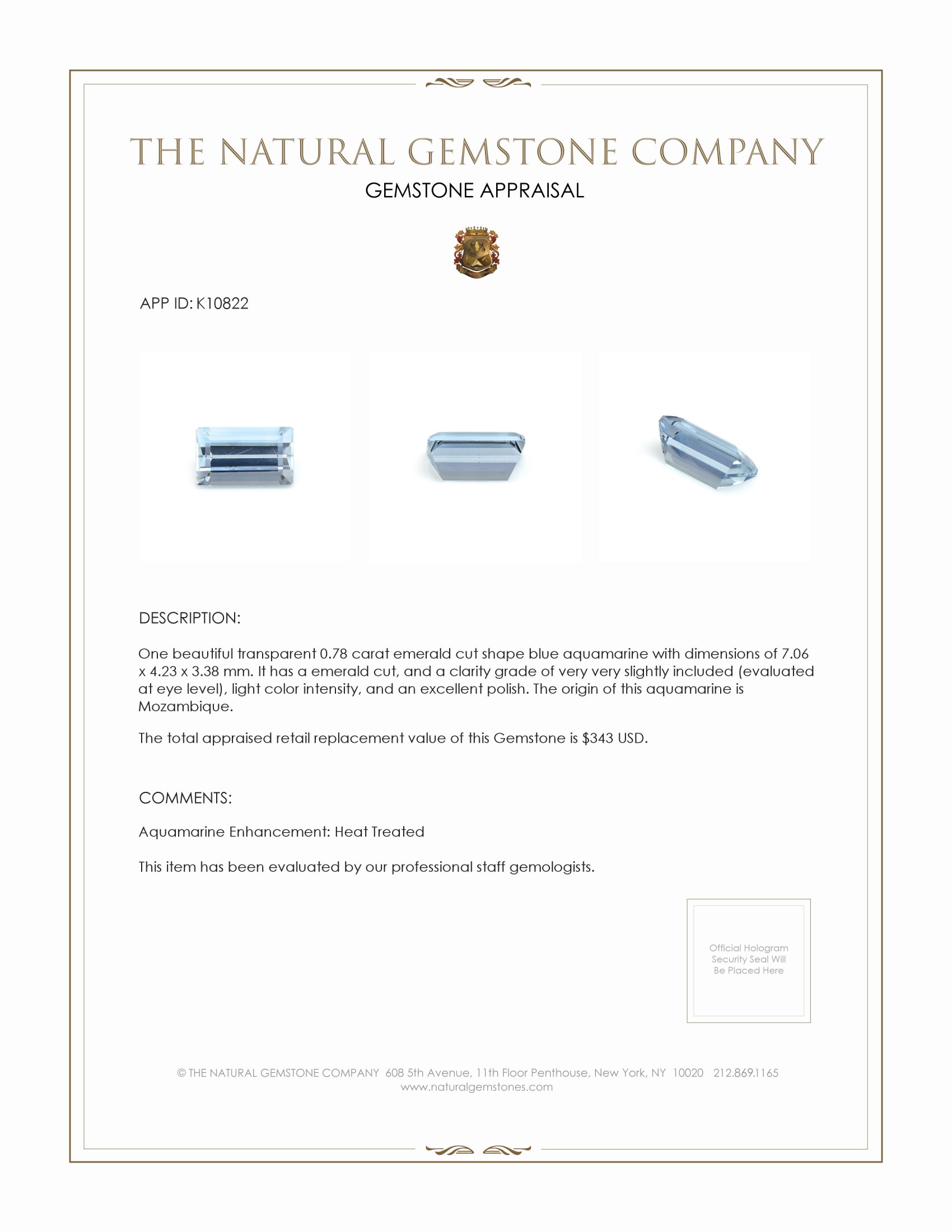 0.78 Ct. Aquamarine from Mozambique