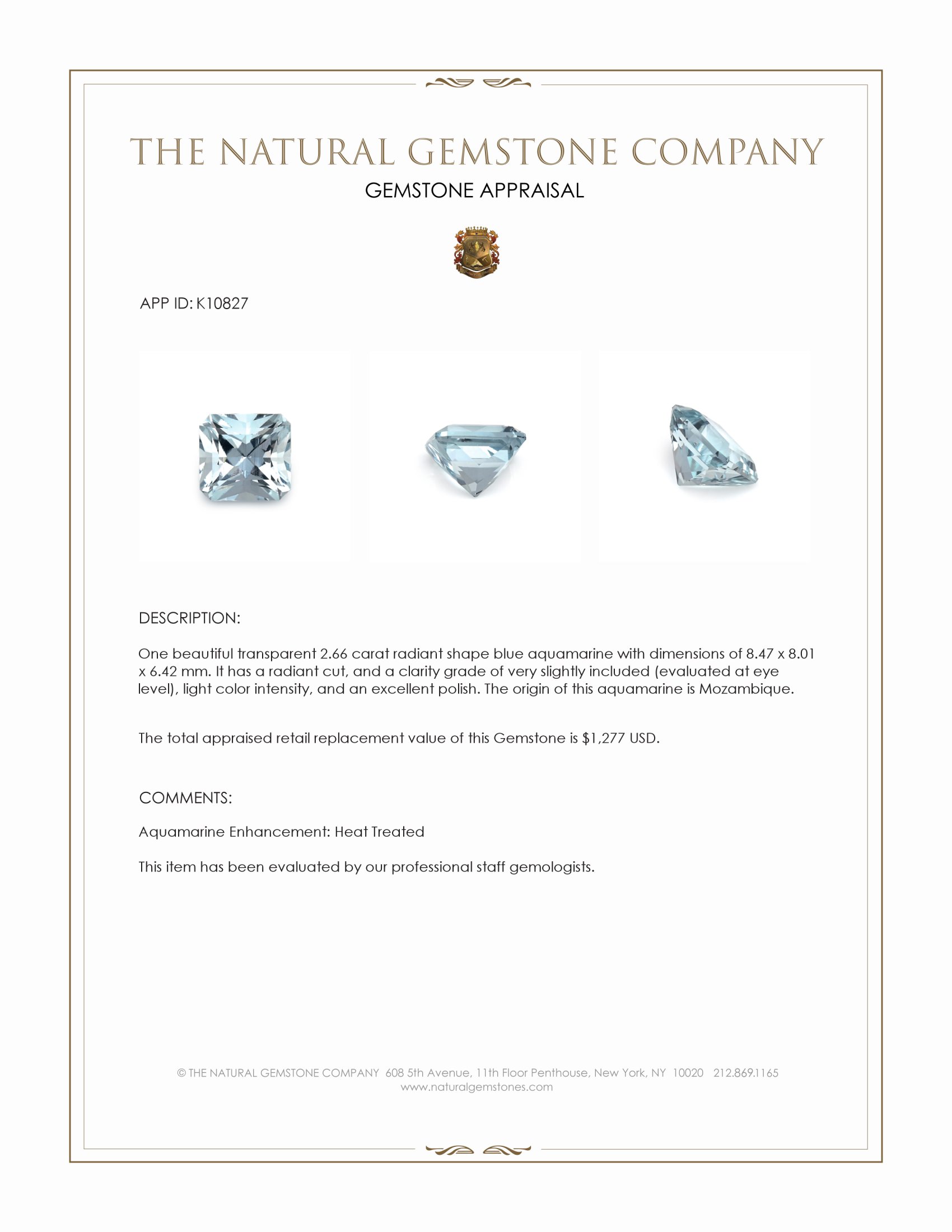 2.66 Ct. Blue Aquamarine from Mozambique