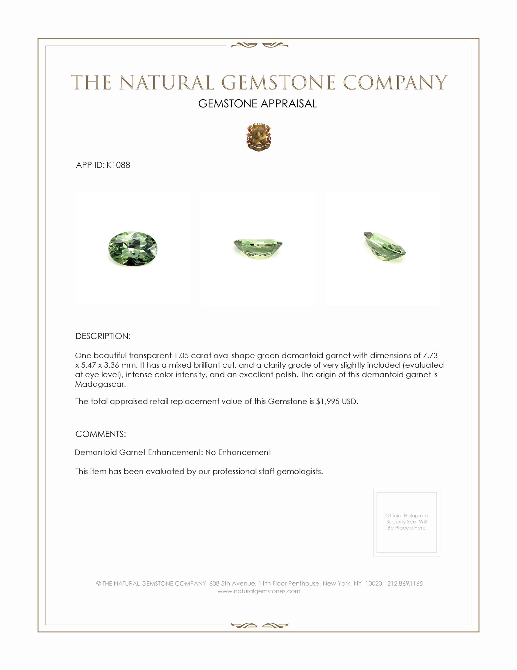 1.05 Ct. Demantoid Garnet from Madagascar