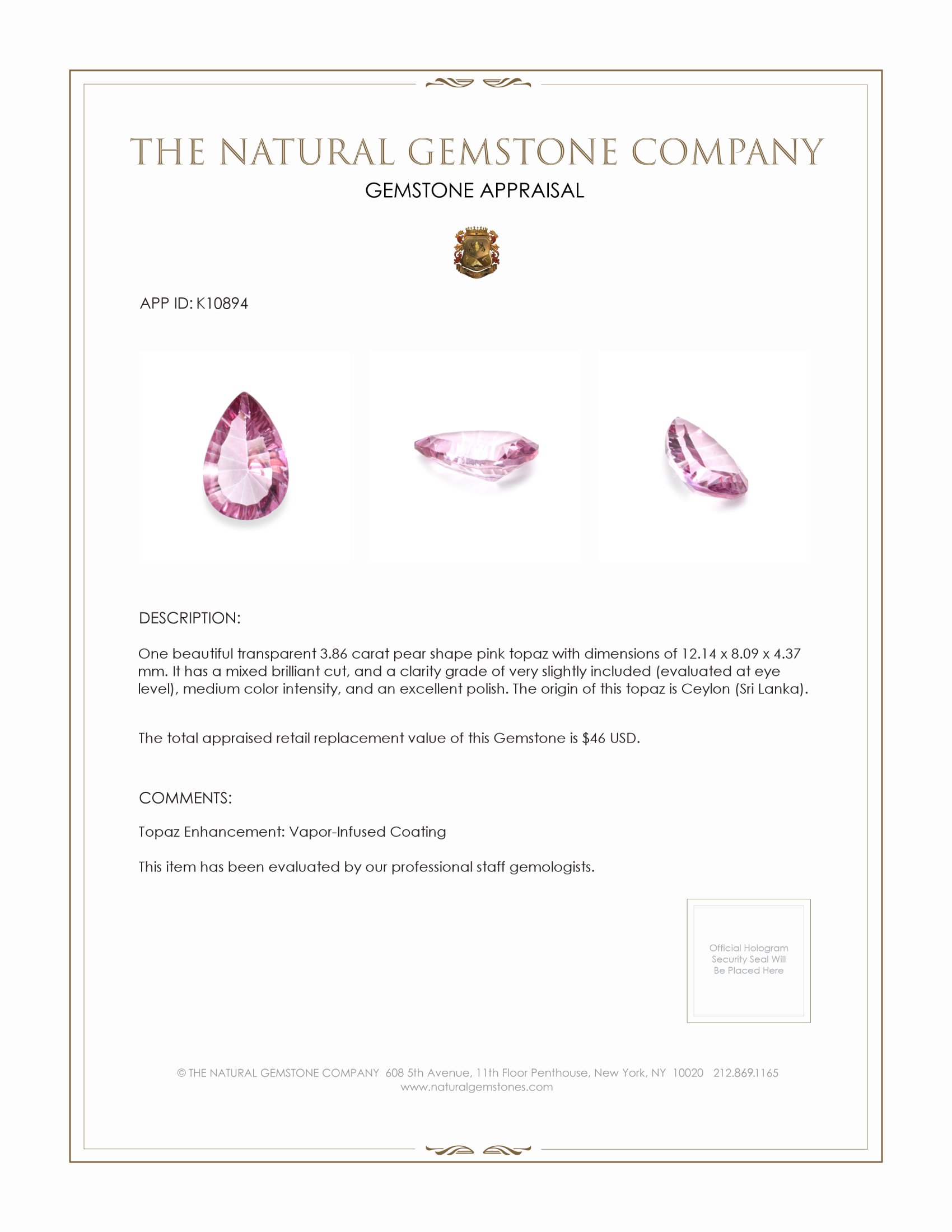 3.86 Ct. Pink Topaz from Ceylon (Sri Lanka)