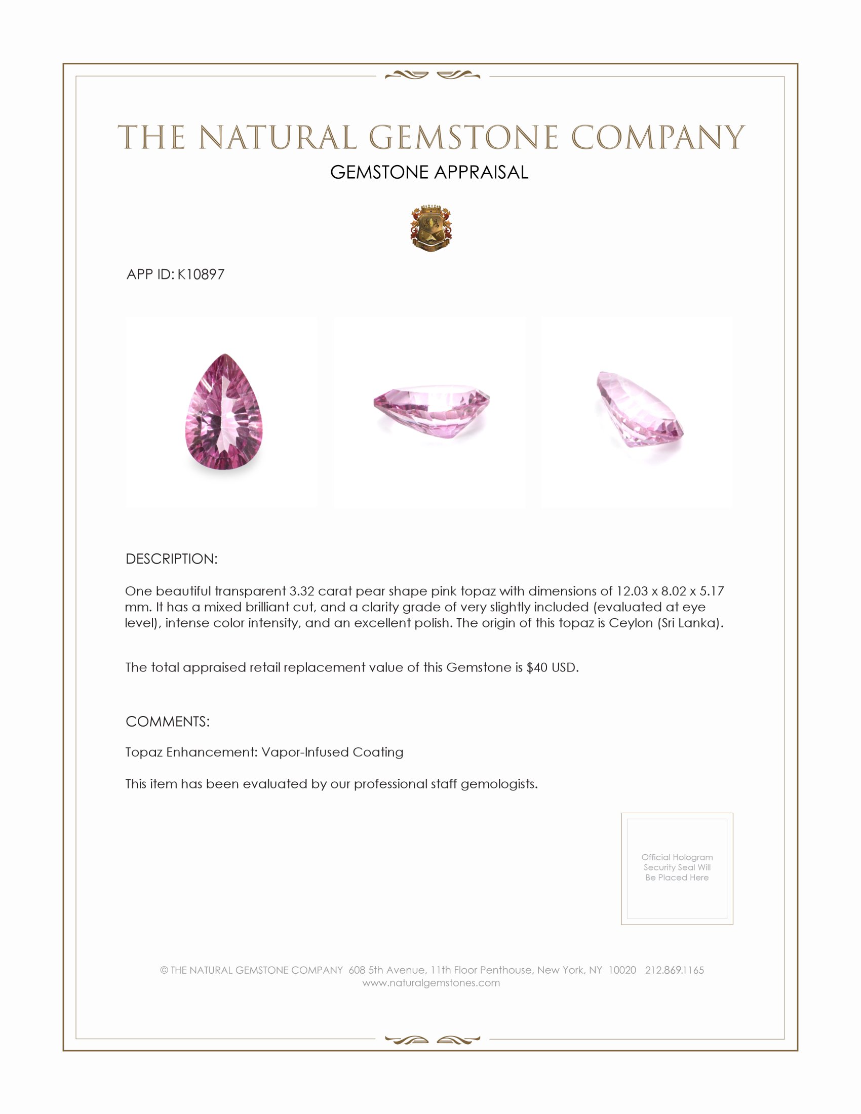 3.32 Ct. Pink Topaz from Ceylon (Sri Lanka)
