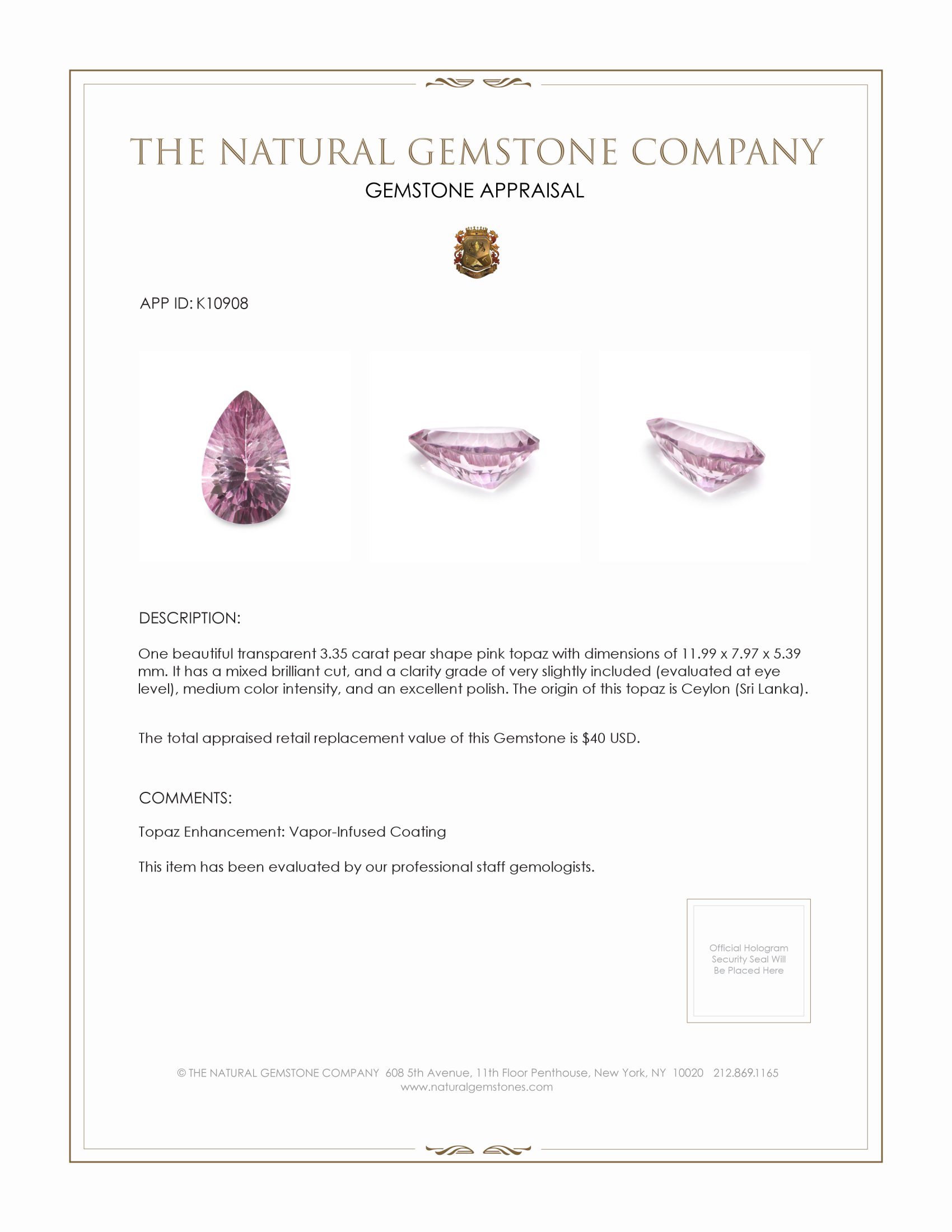 3.35 Ct. Pink Topaz from Ceylon (Sri Lanka)