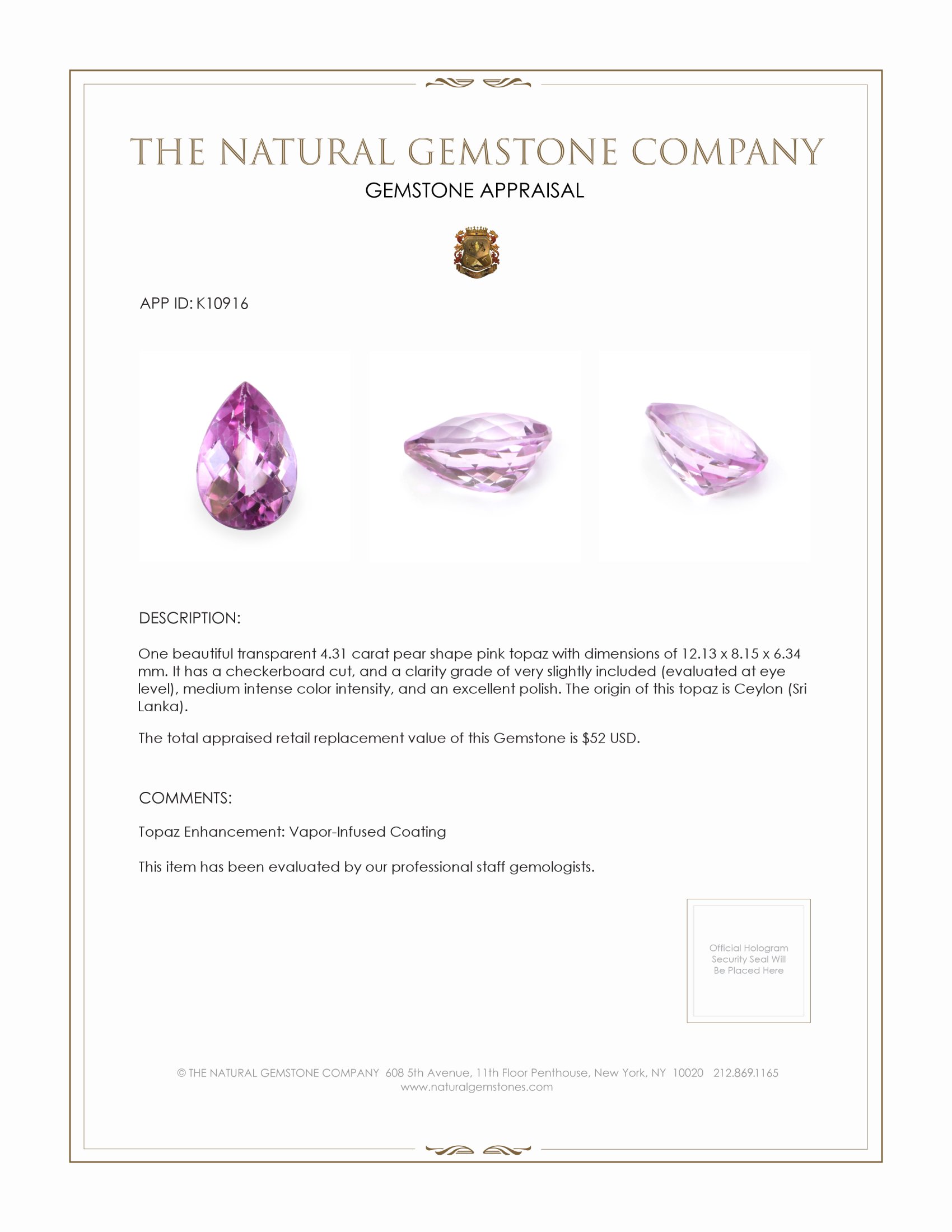 4.31 Ct. Pink Topaz from Ceylon (Sri Lanka)