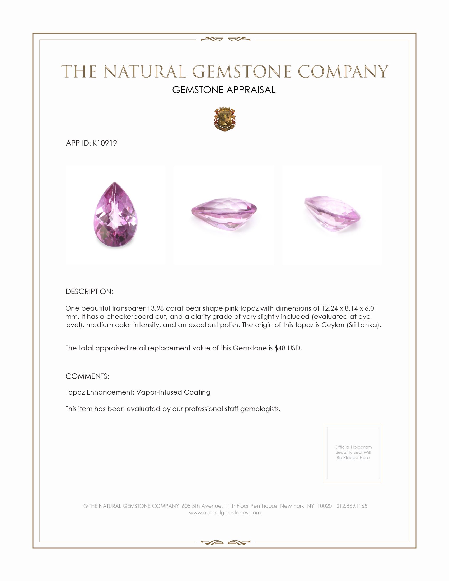 3.98 Ct. Pink Topaz from Ceylon (Sri Lanka)
