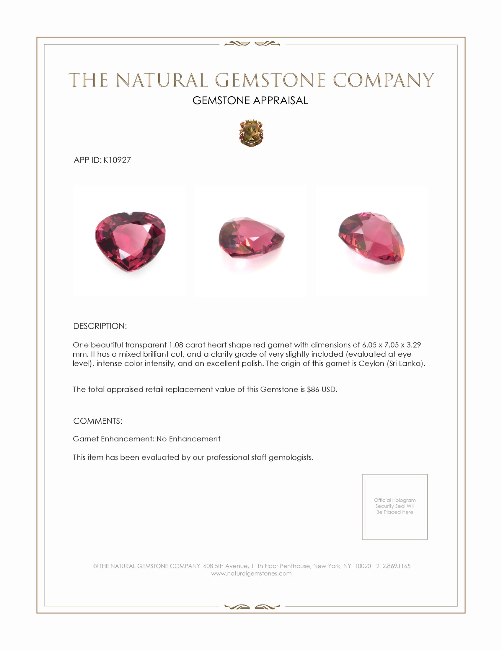 1.08 Ct. Garnet from Ceylon (Sri Lanka)