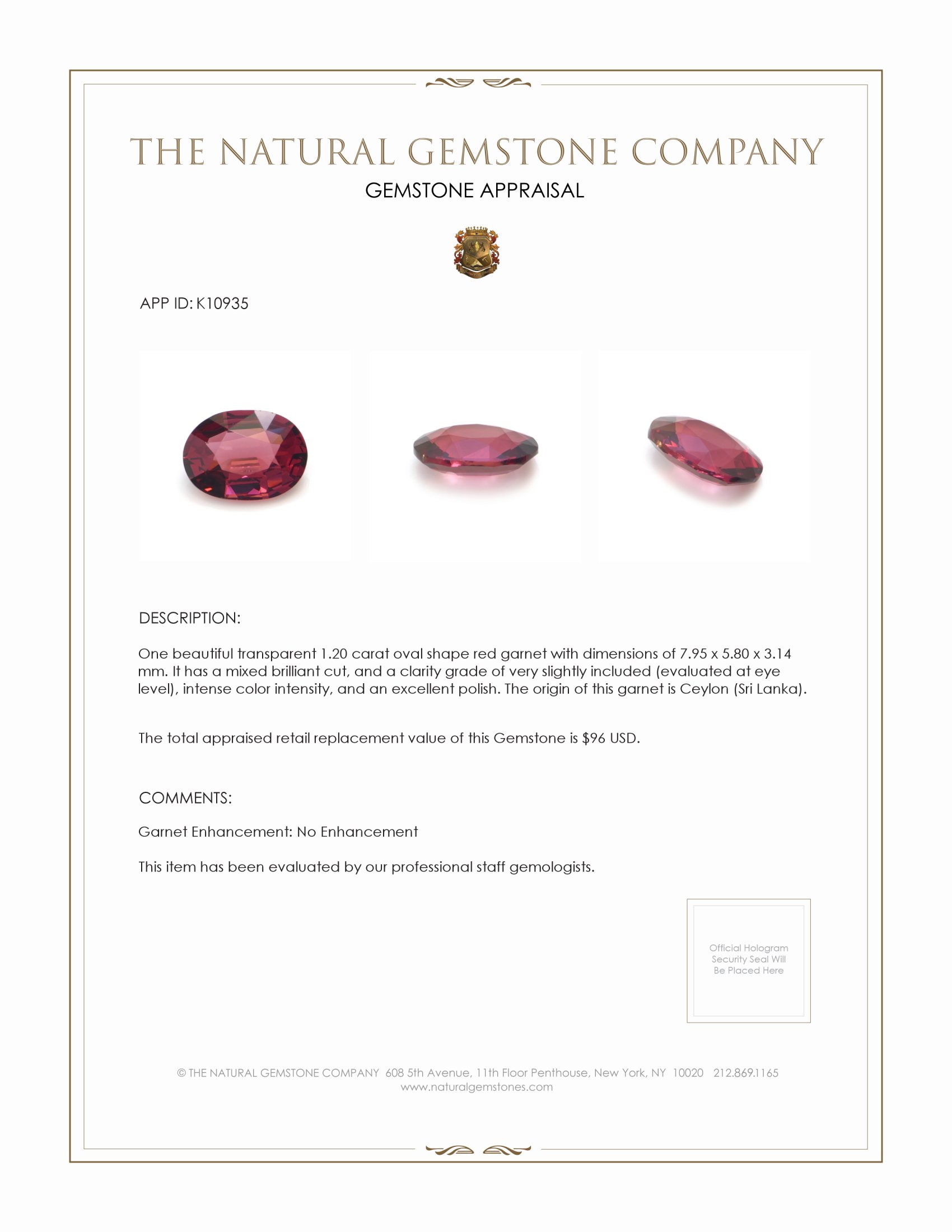 1.20 Ct. Garnet from Ceylon (Sri Lanka)