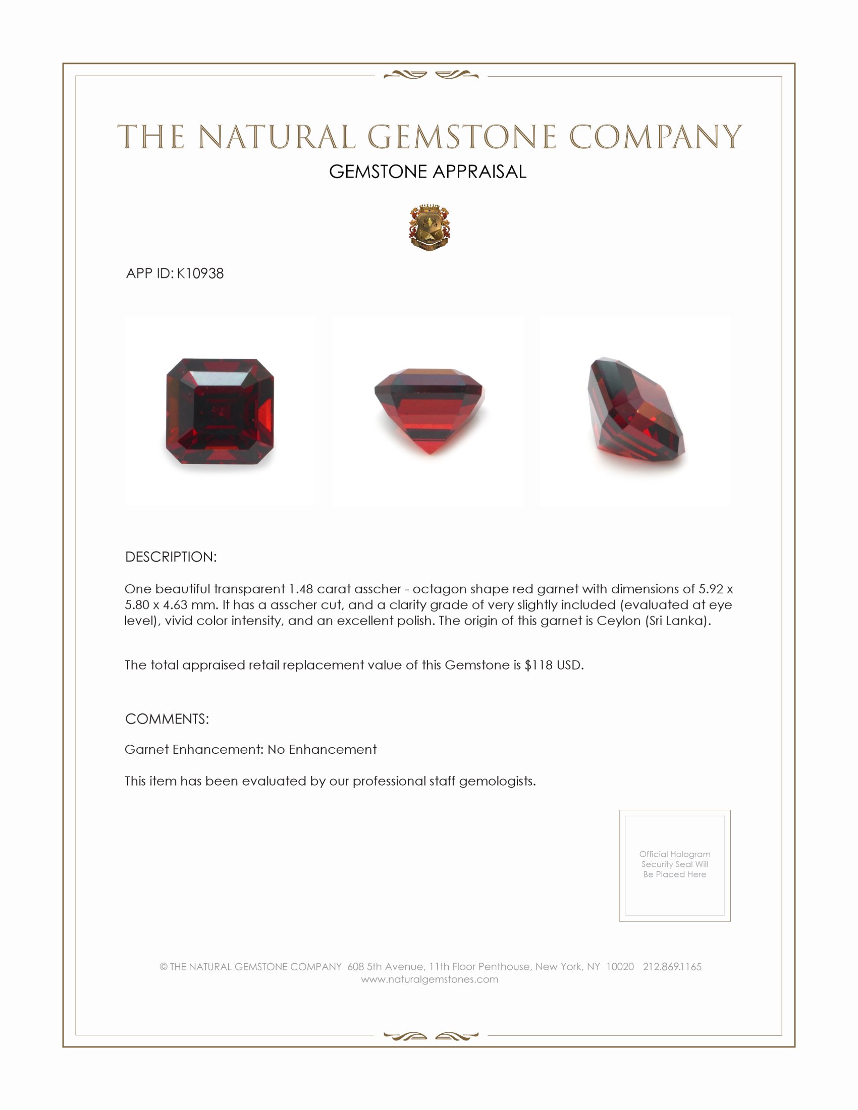 1.48 Ct. Garnet from Ceylon (Sri Lanka)