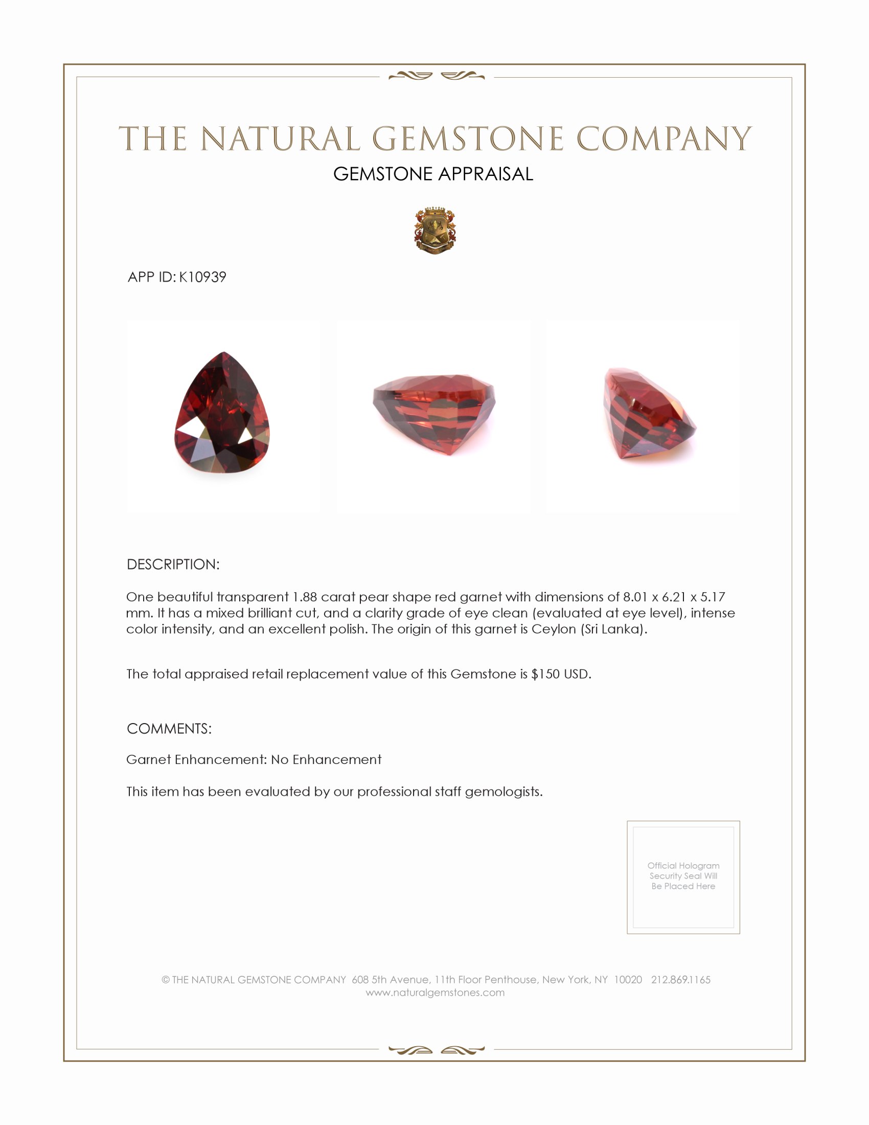 1.88 Ct. Red Garnet from Ceylon (Sri Lanka)