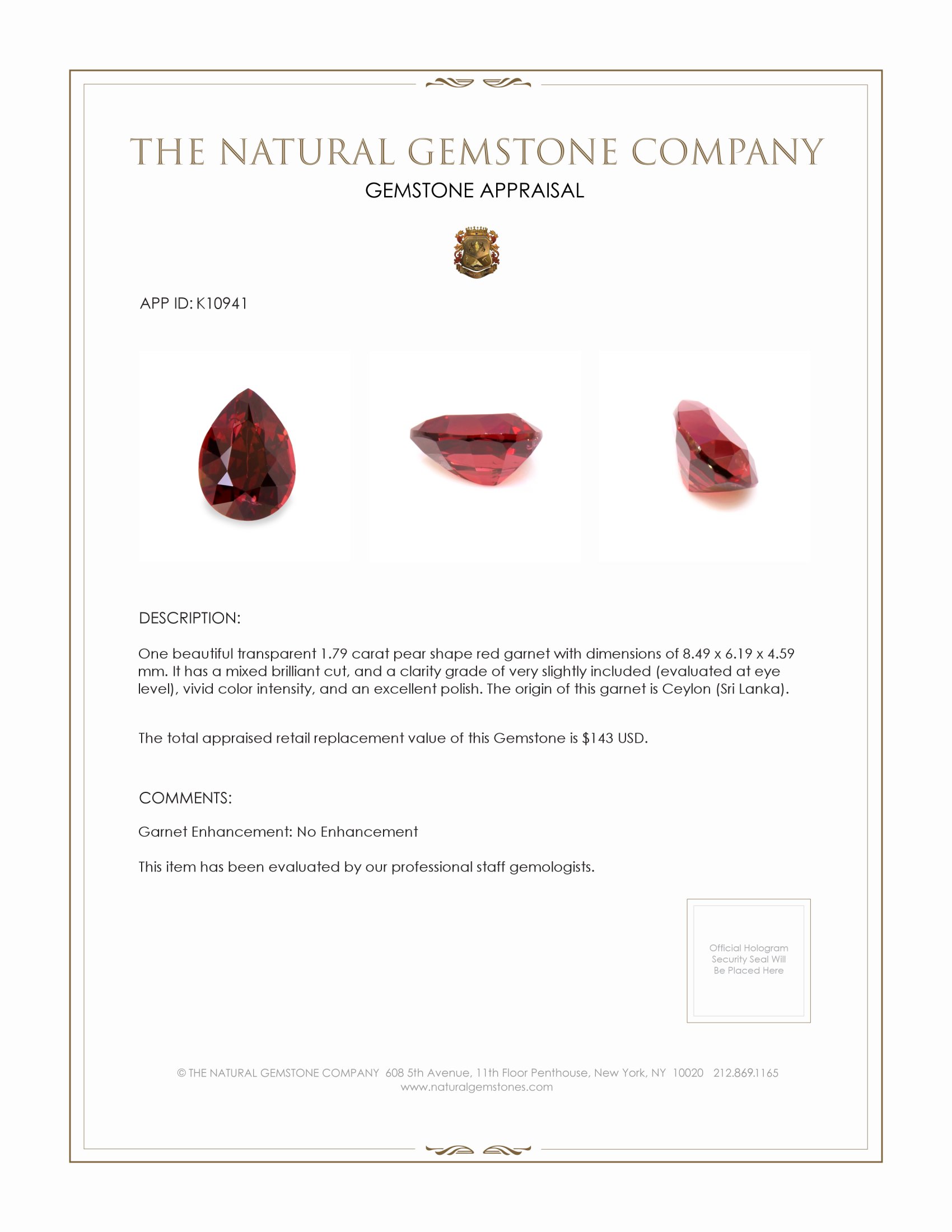 1.79 Ct. Garnet from Ceylon (Sri Lanka)