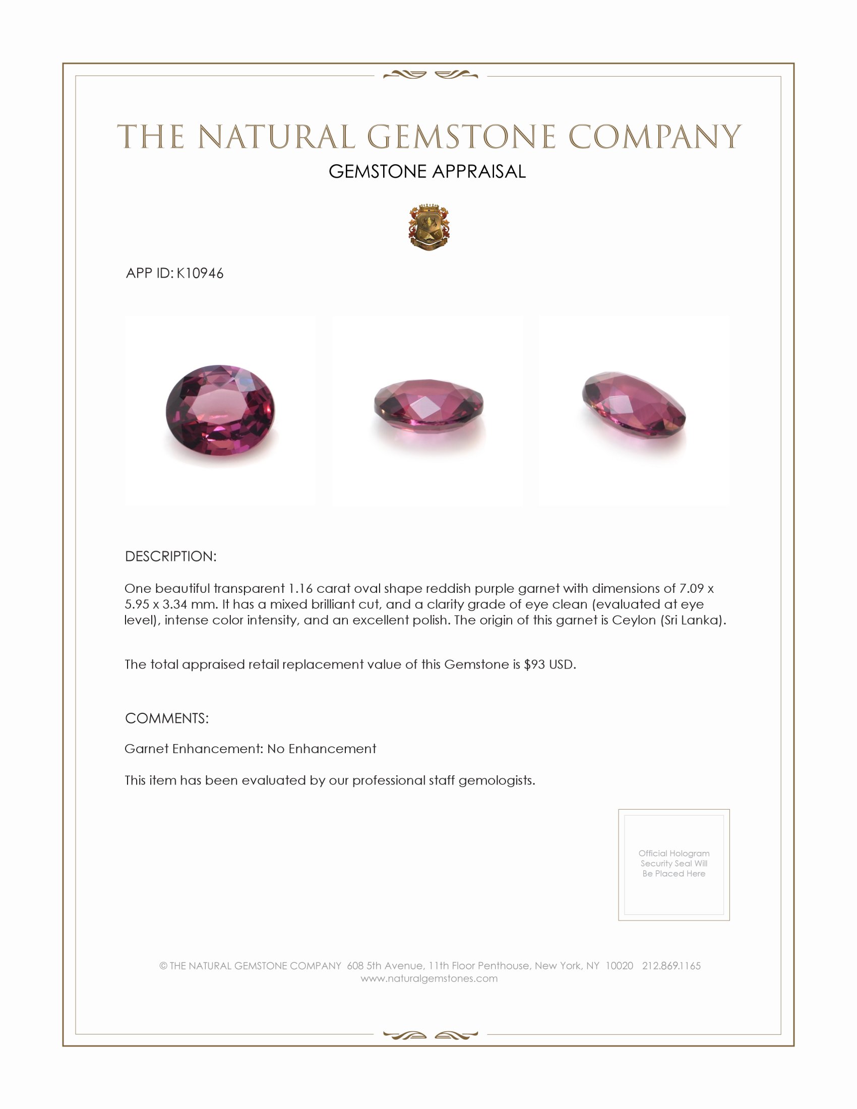 1.16 Ct. Garnet from Ceylon (Sri Lanka)