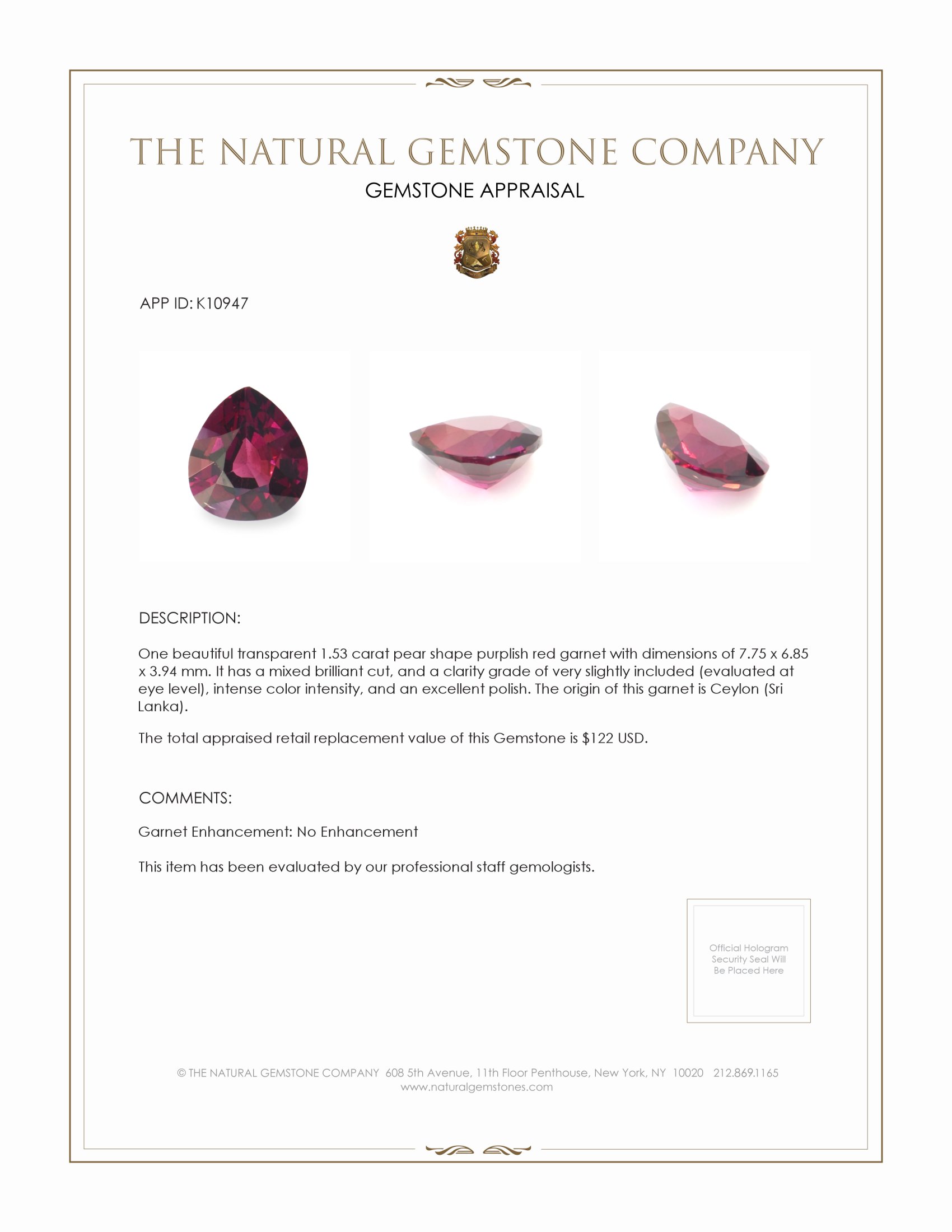 1.53 Ct. Purplish Red Garnet from Ceylon (Sri Lanka)