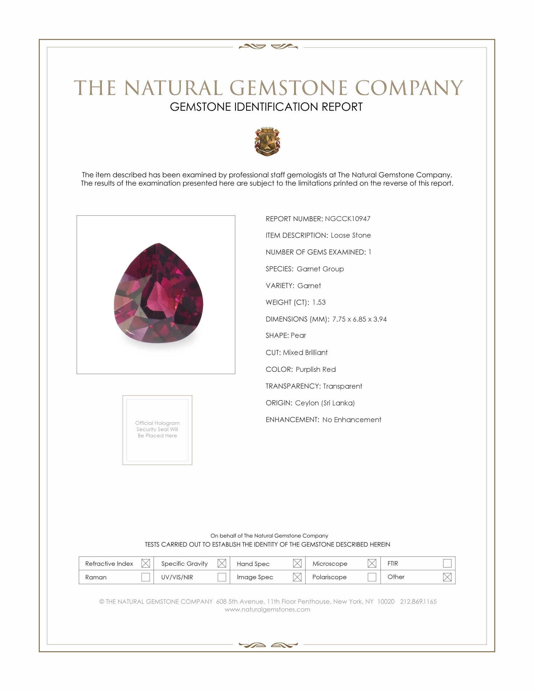 1.53 Ct. Purplish Red Garnet from Ceylon (Sri Lanka)
