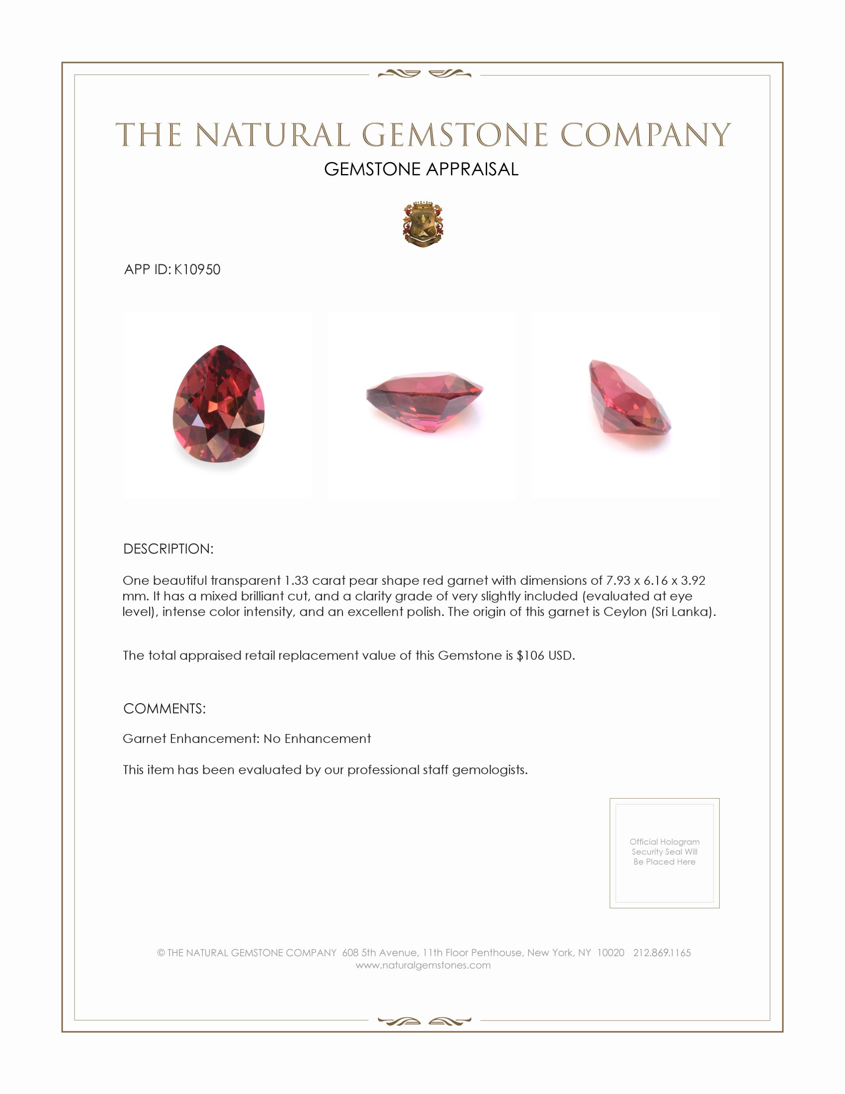 1.33 Ct. Garnet from Ceylon (Sri Lanka)