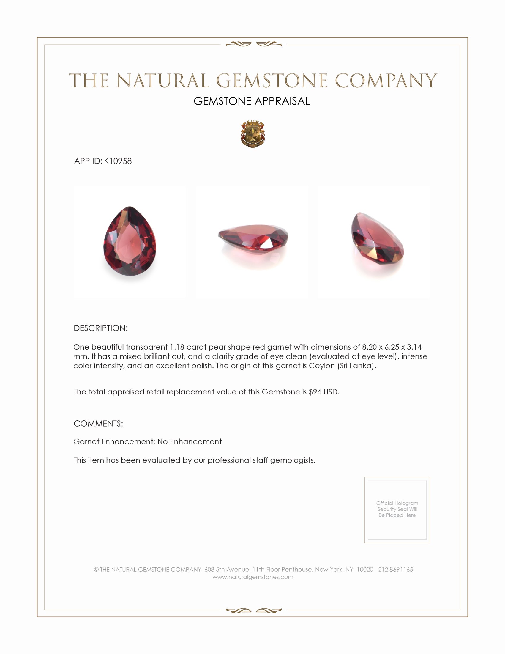 1.18 Ct. Garnet from Ceylon (Sri Lanka)