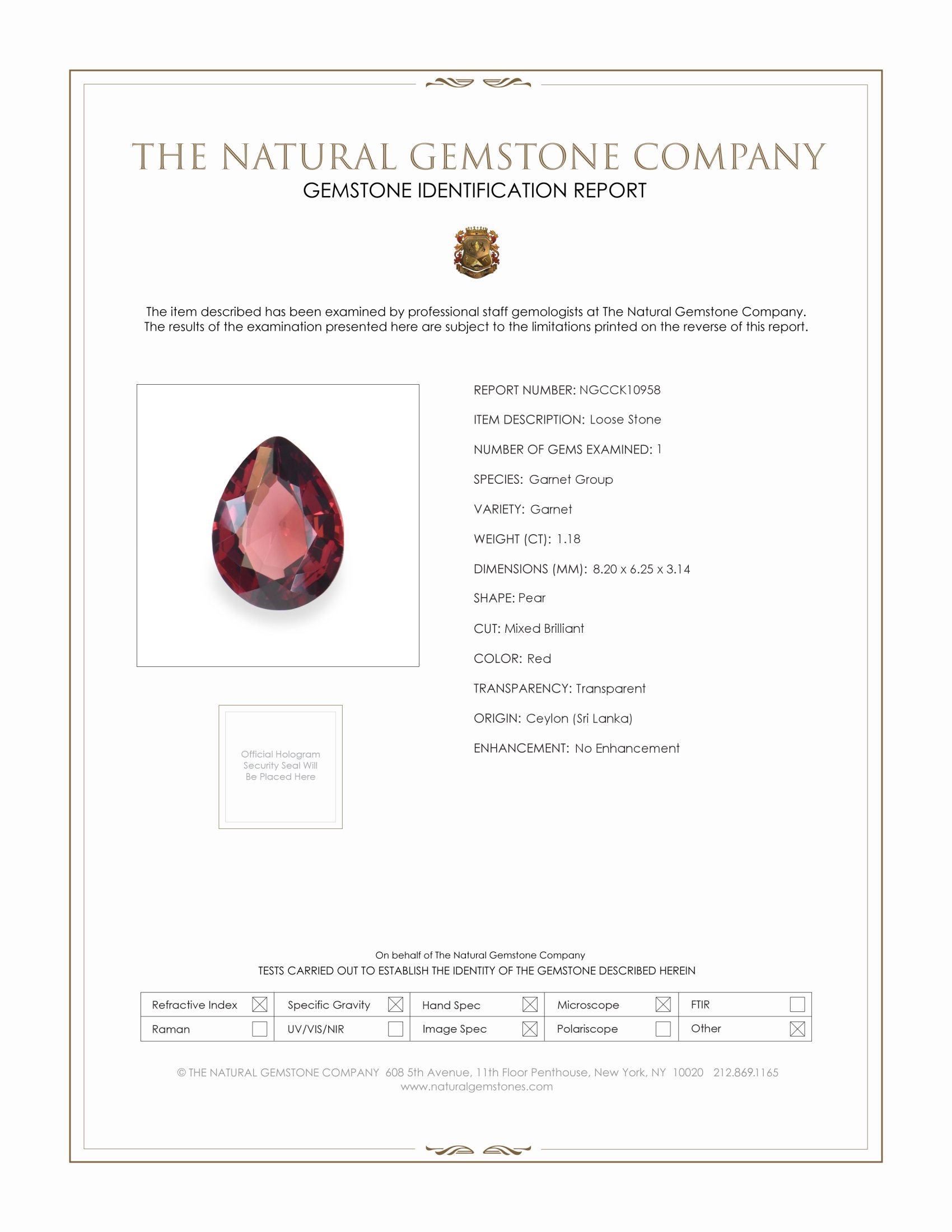 1.18 Ct. Garnet from Ceylon (Sri Lanka)