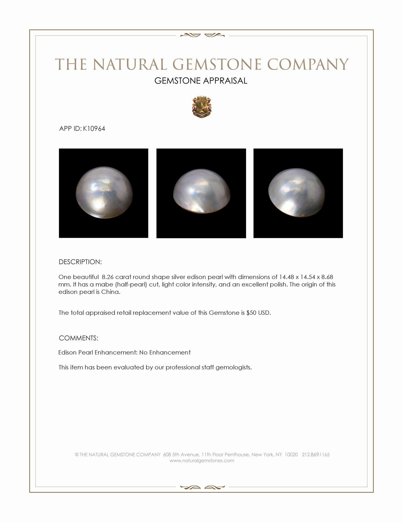 8.26 Ct. Silver Edison Pearl from China